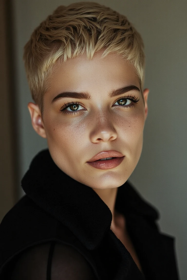 portrait inspired by Peter Lindbergh's photographic style, a blonde pixie cut hair woman looking directly into the camera with an intimate and deep expression.,halseyflx