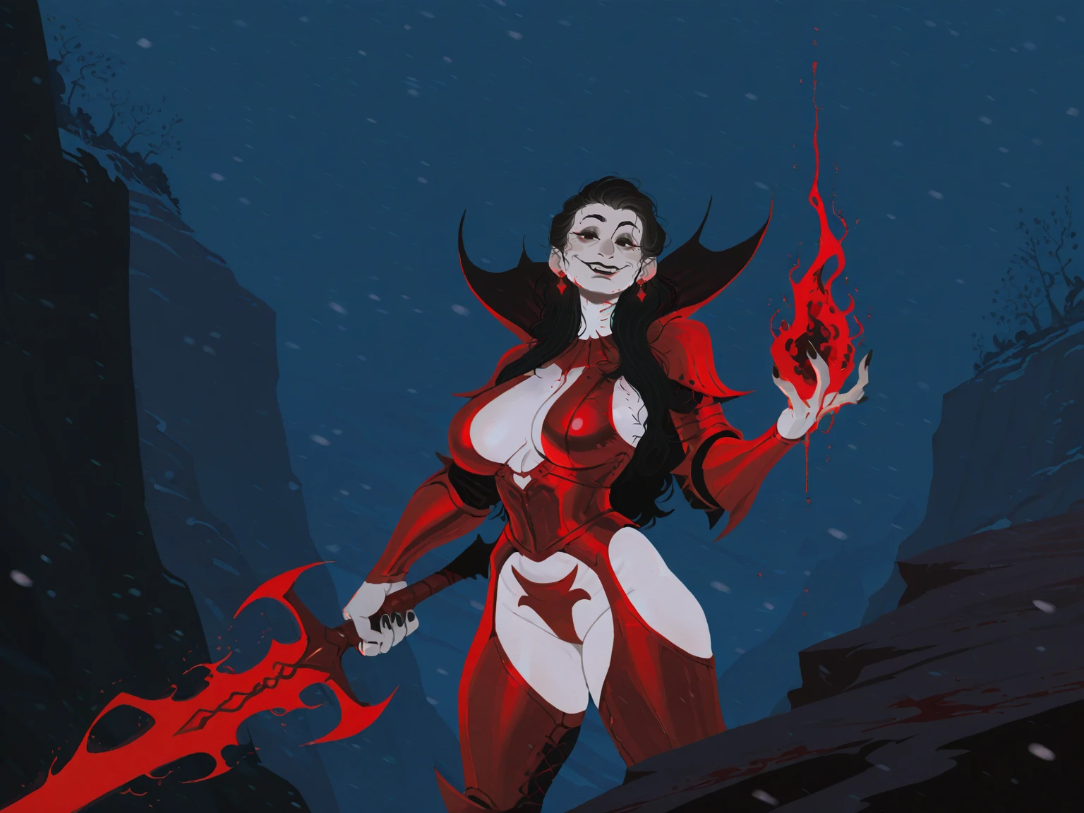 <lora:InCaseArt_Style:0.35>,
1girl, mature female, vampire, white skin, [black eyes], curvy, black hair, long hair, black nails, red armor, earrings, revealing armor, battle stance, holding red sword, hand up, blood magic, cliff, winter, snowing, night, (solo), cowboy shot, looking at viewer, smile
 , <lora:InCaseIL:0.7>, flat colors