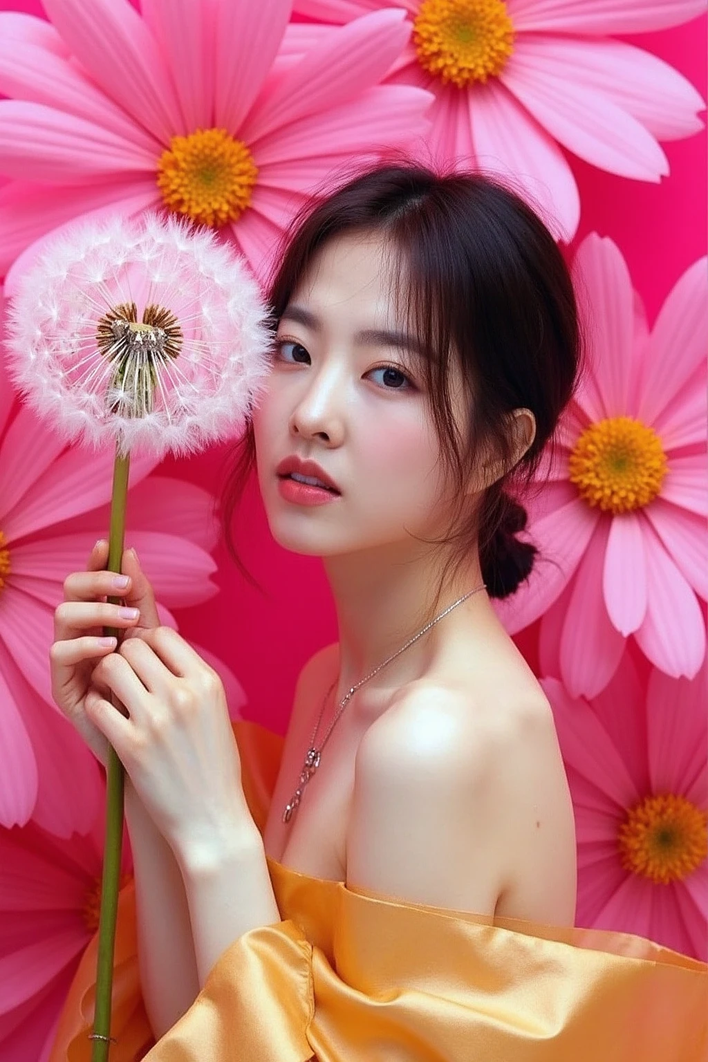 The image showcases a young asian woman wearing necklace and earrings with pale skin and makeup. She is positioned against a strikingly vibrant pink background, which is filled with large dandelion flowers. The flowers dominate the composition, adding a dramatic and intense contrast to her skin tone and overall appearance.
The woman is dressed in golden gown, which drapes softly over her shoulders, leaving her upper back and one shoulder exposed. Her expression is calm and slightly mysterious, with her gaze directed slightly to the side, away from the camera. The large flowers, some of which overlap with her figure, create a dreamy and surreal atmosphere, as if she is blending into or emerging from the floral background., <lora:flux_realism_lora:1>, <lora:makinaflux_parkboyoung_v1.0:1>