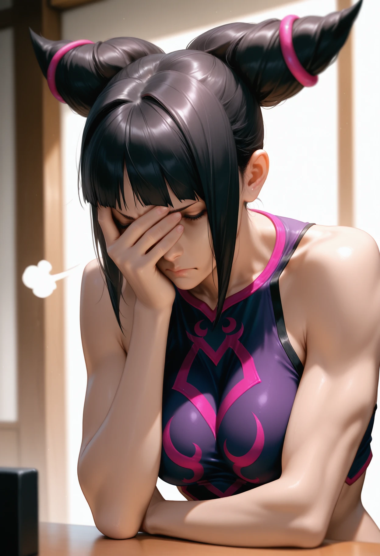 masterpiece, best quality, realistic,
<lora:Facepalm [IL]_1:0.8> facepalm, upper body, hand on own face, hand on table, covering face, sits, sigh, frown, table,
han_juri, street_fighter, 1girl, black_hair,