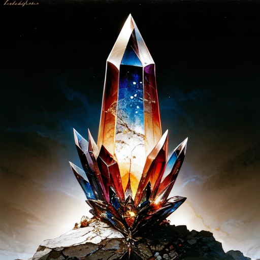 <lora:Ethereal_Gothic_Renaissance:1> ArsMJStyle, Etherial Gothic, The image shows a painting of a crystal on top of a rock with a dark background and text at the bottom. The crystal is brightly colored and appears to be a representation of a human face., no humans, crystal, traditional media, gem, still life, rock, painting (medium), scenery, sky, gradient
