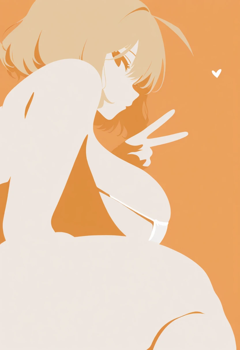 masterpiece, best quality, amazing quality, very aesthetic, newest, general,
solo, anis (nikke), short hair, ahoge, huge breasts, faceless, heart symbol,
eyepatch bikini, squatting, looking back, v,
from behind, cowboy shot,
minimalism, vector art, white theme, limited palette, orange background,