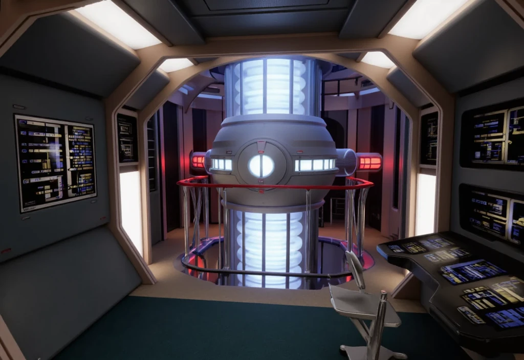 photo realistic, STTNGEngineering room interior, glowing warp reactor to the middle, workstation with chair and screen to the right, screens scattered around the room <lora:STTNGEngineering_Flux_v1:1.3>