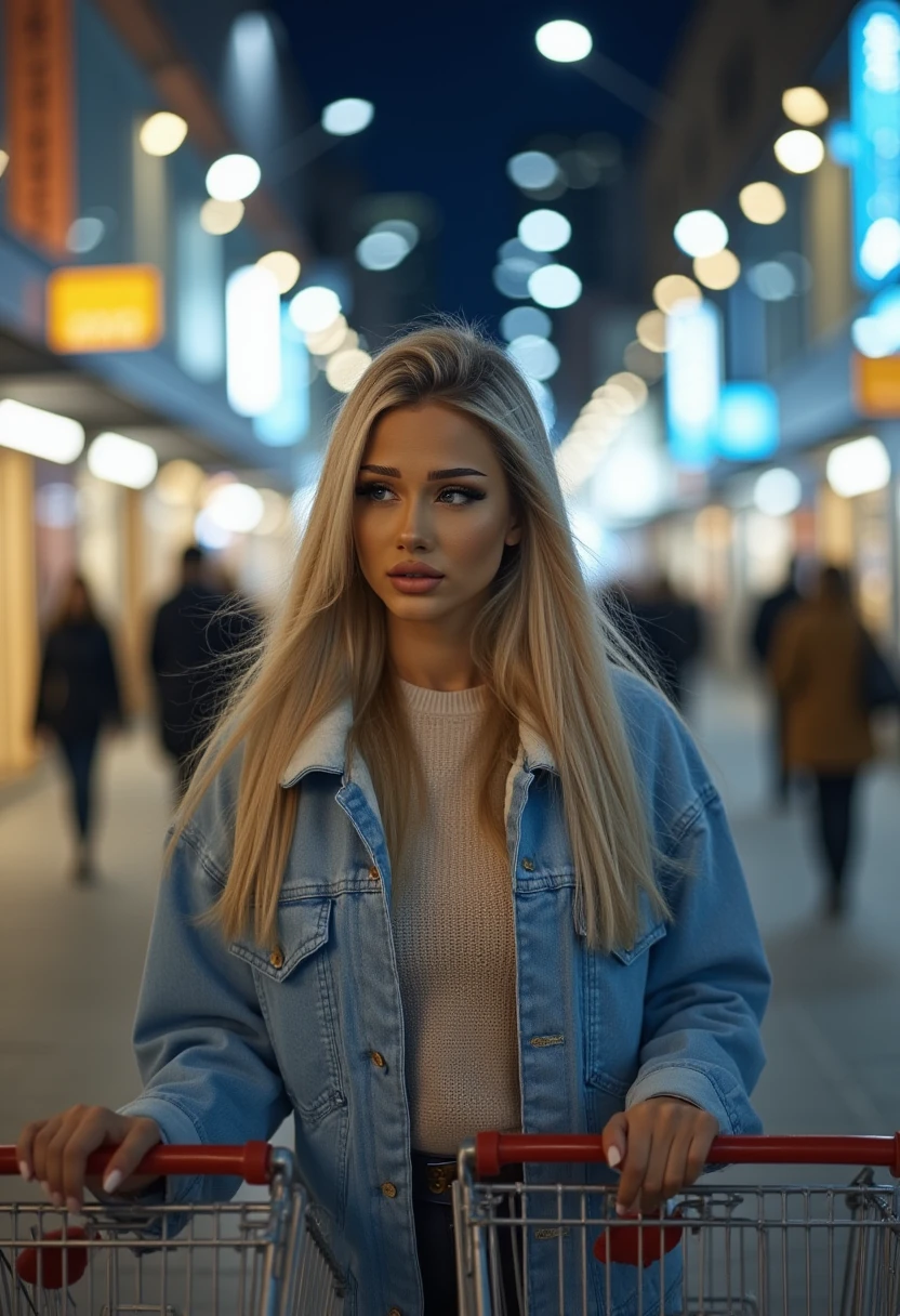 The image is a high-resolution photograph featuring a young woman standing in an urban setting at night. She is centrally positioned in the frame, facing slightly to the right. She has long, straight, blonde hair that cascades over her shoulders and a fair complexion. Her expression is neutral, with slightly parted lips and a focused gaze. She wears a light blue denim jacket over a beige, ribbed knit sweater. The jacket has a casual, relaxed fit, and the sweater appears to be slightly oversized, adding to the casual vibe of her attire.

The background is blurred, but it suggests a bustling shopping mall or a similar indoor environment with a mix of warm and cool lighting. Circular bokeh lights in various shades of blue, white, and yellow are scattered throughout the background, adding a sense of depth and motion to the scene. The bokeh lights create a festive, lively atmosphere. In the foreground, there are two shopping carts with metal frames and red handles, indicating she is either pushing them or standing nearby.

The overall mood of the photograph is serene and contemplative, with the young woman appearing slightly isolated in the bustling environment, yet fully engaged with her surroundings. J43SS