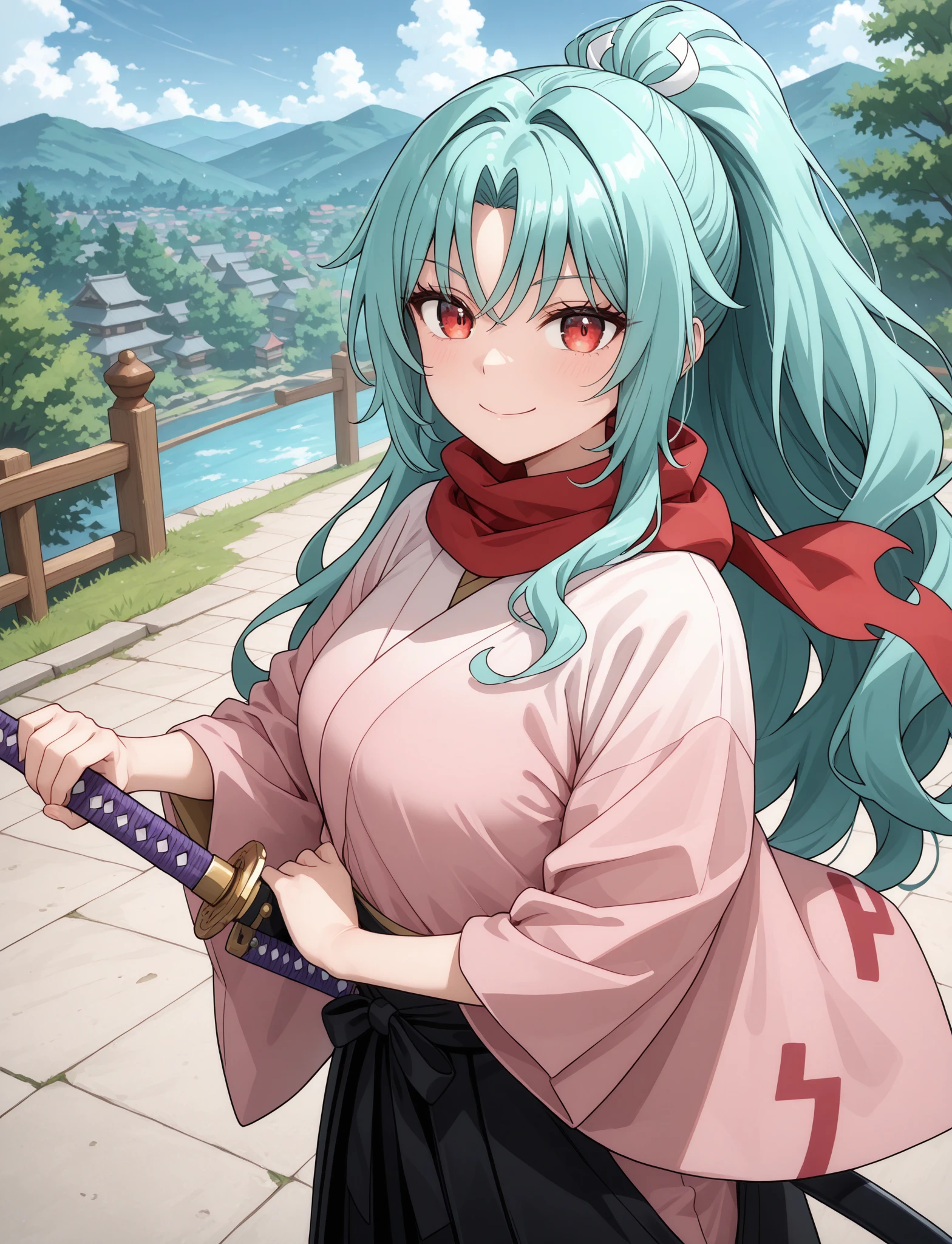 masterpiece, best quality, newest, absurdres, highres, 1girl, solo, <lora:MLF-Tomoe_ILL_epoch_14:1> tomoe-mlf, long hair, aqua hair, red eyes, ponytail, japanese clothes, red scarf, kimono,
outdoors, smile, looking at viewer, drawing sword, katana,