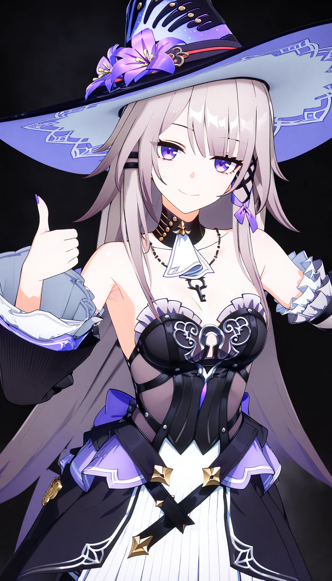 (best quality,8K, masterpiece,simple background,none background :1.3),anime,The Herta, 1girl, young,solo,hat,purple eyes,long hair, detached sleeves, earrings,(clevage:1.2),medium breasts,standing, (key necklace:0.8), keyhole on chest,nail polish, thumb up, looking at viewer,smile,
