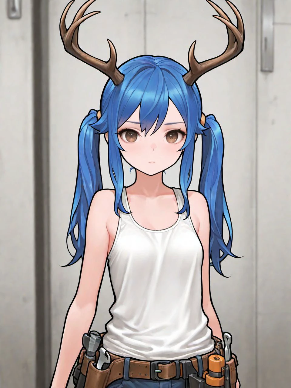 masterpiece, best quality, amazing quality, very aesthetic, high resolution,
heyra, 1girl, solo, blue hair, long hair, twintails, tank top, tool belt, belt, antlers, brown eyes, looking at viewer
<lora:heyra_race_v2_epoch_6:0.9>