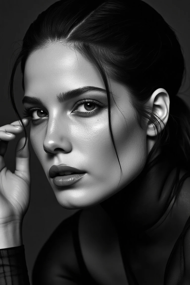 portrait inspired by Peter Lindbergh's photographic style, a woman with side trimmed slick back hair looking directly into the camera with an intimate and deep expression.,halseyflx