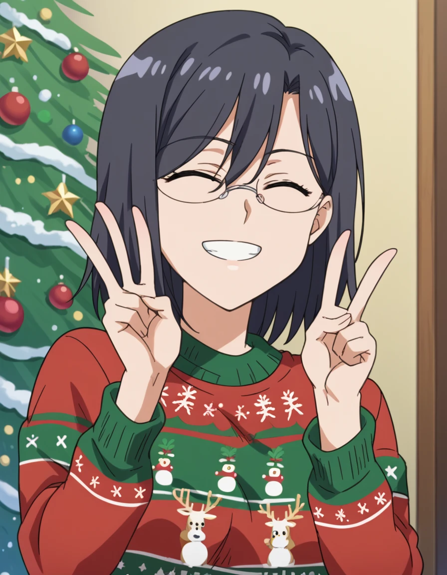 score_9, score_8_up, score_7_up, source_anime, <lora:mii-konori-s1-ponyxl-lora-nochekaiser:1>, mii konori, short hair, black hair, black eyes, glasses, hair between eyes, mature female, anime screencap,, <lora:christmas-sweater-ponyxl-lora-nochekaiser:1>, christmas sweater, christmas, ugly sweater, print sweater, red sweater, christmas tree, christmas ornaments, sweater, multicolored sweater, , v, smile, hands up, teeth, closed eyes, cowboy shot,, , dutch angle, cowboy shot