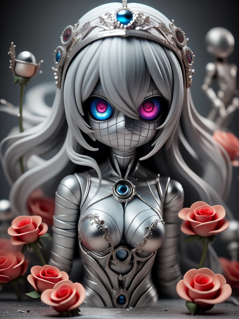 (masterpiece), (best quality), (extremely detailed), (1girl), solo, (pretty cute girl), looking at viewer, slender, evenly sized eyes, extremely detailed eyes, full body, outdoors, (completely features), 16k, collapsed, maria, rolled bandages, unknown bottom, hell, blood tears, silver and roses, crown