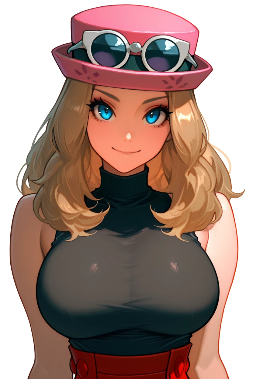 masterpiece, best quality, 1girl, solo, eyelashes, (beautiful eyes),   zzSerena, solo, long hair, blue eyes, eyewear on headwear, pink headwear, eyelashes, sleeveless shirt, black shirt, bracelet, high-waist skirt,   looking at viewer, smile, bangs, large breasts,  upper body, head tilt, <lora:SerenaPokemonIXL_v2:1.0>,  ,<lora:IckpotIXL_v1:1.0>,