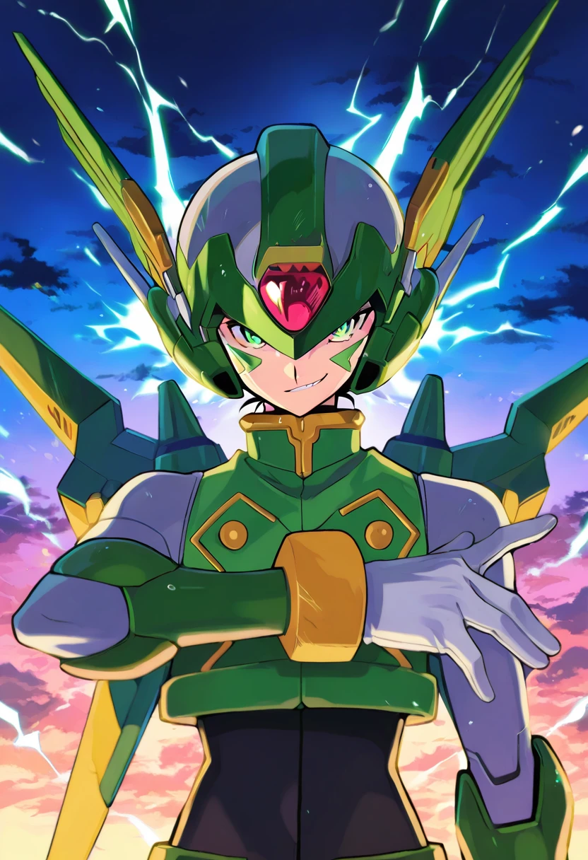 source anime,highly detailed,score 9,score 8 up,score 7 up, <lora:Sage_Harpuia:1> harpuia, solo, 1boy, sky, clouds, thunderbolt, thunder clouds, night, helmet, mechanical wings, forehead jewel, green eyes, (facial mark), crop top, white gloves, smirk, upper body, masterpiece, best quality