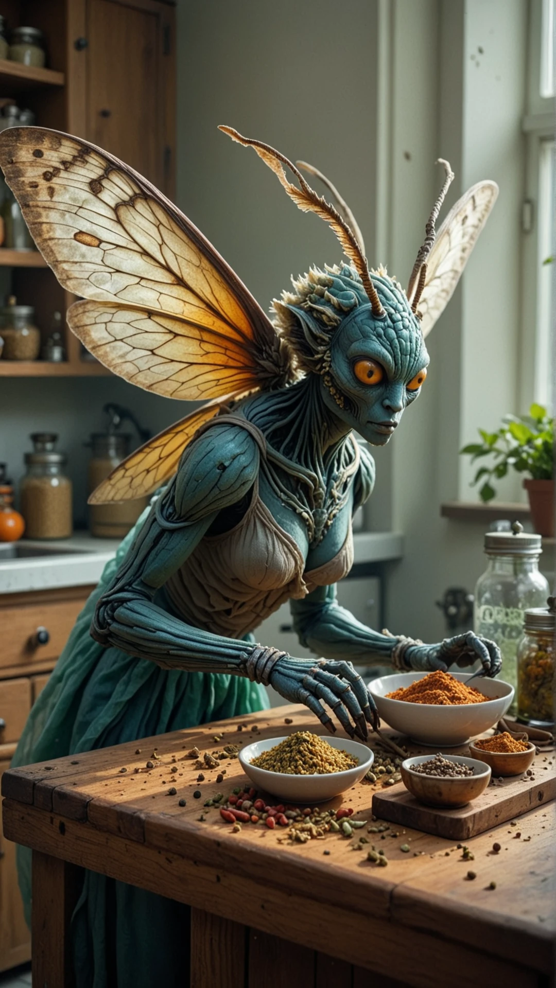 <lora:InsectHybridSDXL:0.9>insecthybrid moth, hybrid, the hybrid is Nami, in location kitchen counter with jars of spices, a cutting board with vegetables, and a steaming cup of tea, Arms Draped Over a Chair or Rail, , humanoid