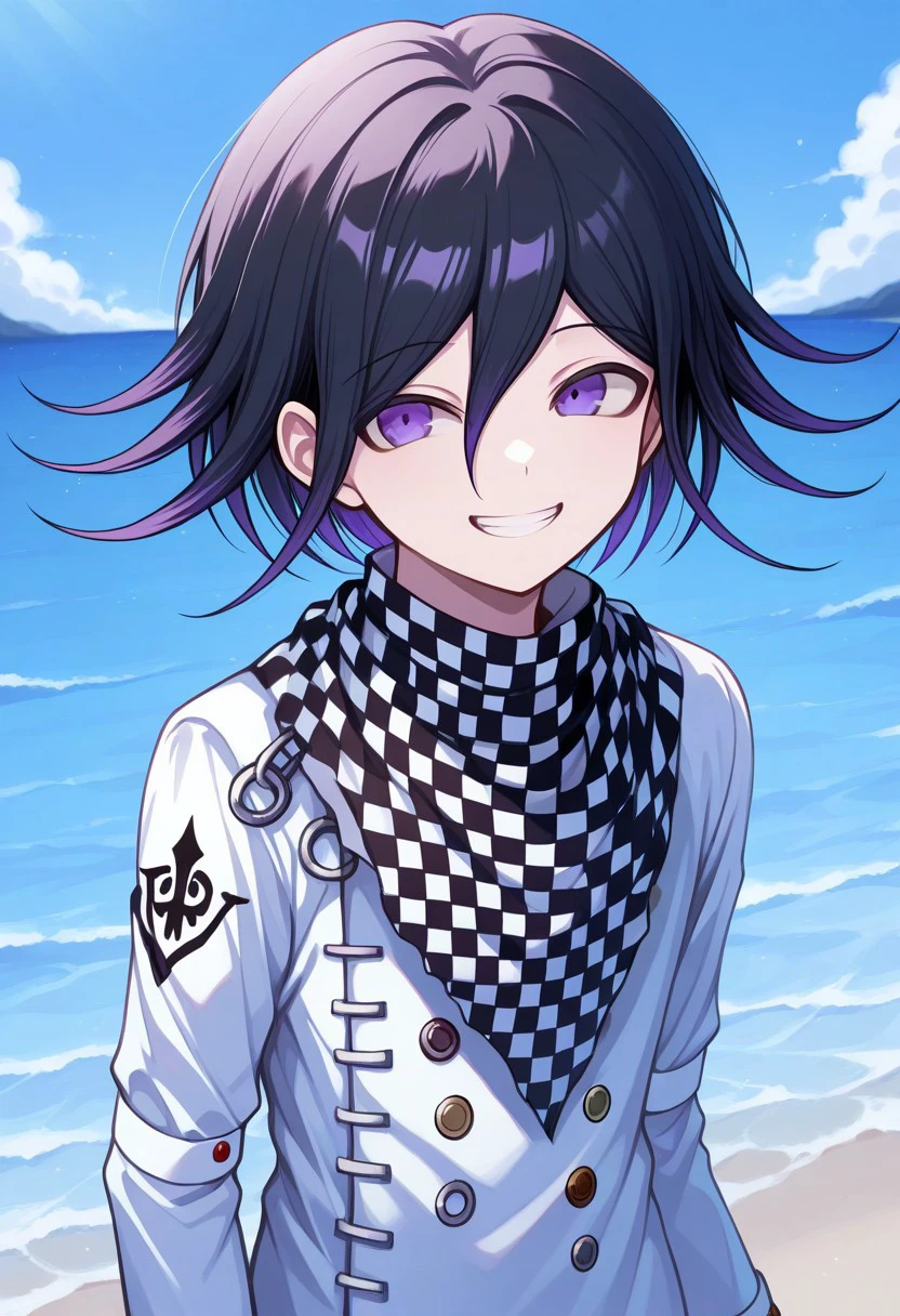 masterpiece, best quality, 
kokichi, 1boy, male focus, solo, purple eyes, black hair, purple hair, multicolored hair, medium hair, hair between eyes, bangs, jacket, straitjacket, buttons, double-breasted, white jacket, long sleeves, scarf, checkered scarf, smile, grin, upper body
outdoor, palm, ocean