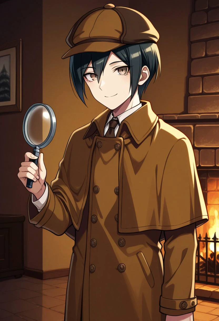 masterpiece, best quality, 
shuichi, 1boy, male focus, solo, brown eyes, black hair, hat, deerstalke,r brown headwear, sherlock holmes (cosplay), brown capelet, brown coat, holding magnifying glass, smile,
indoor, fireplace