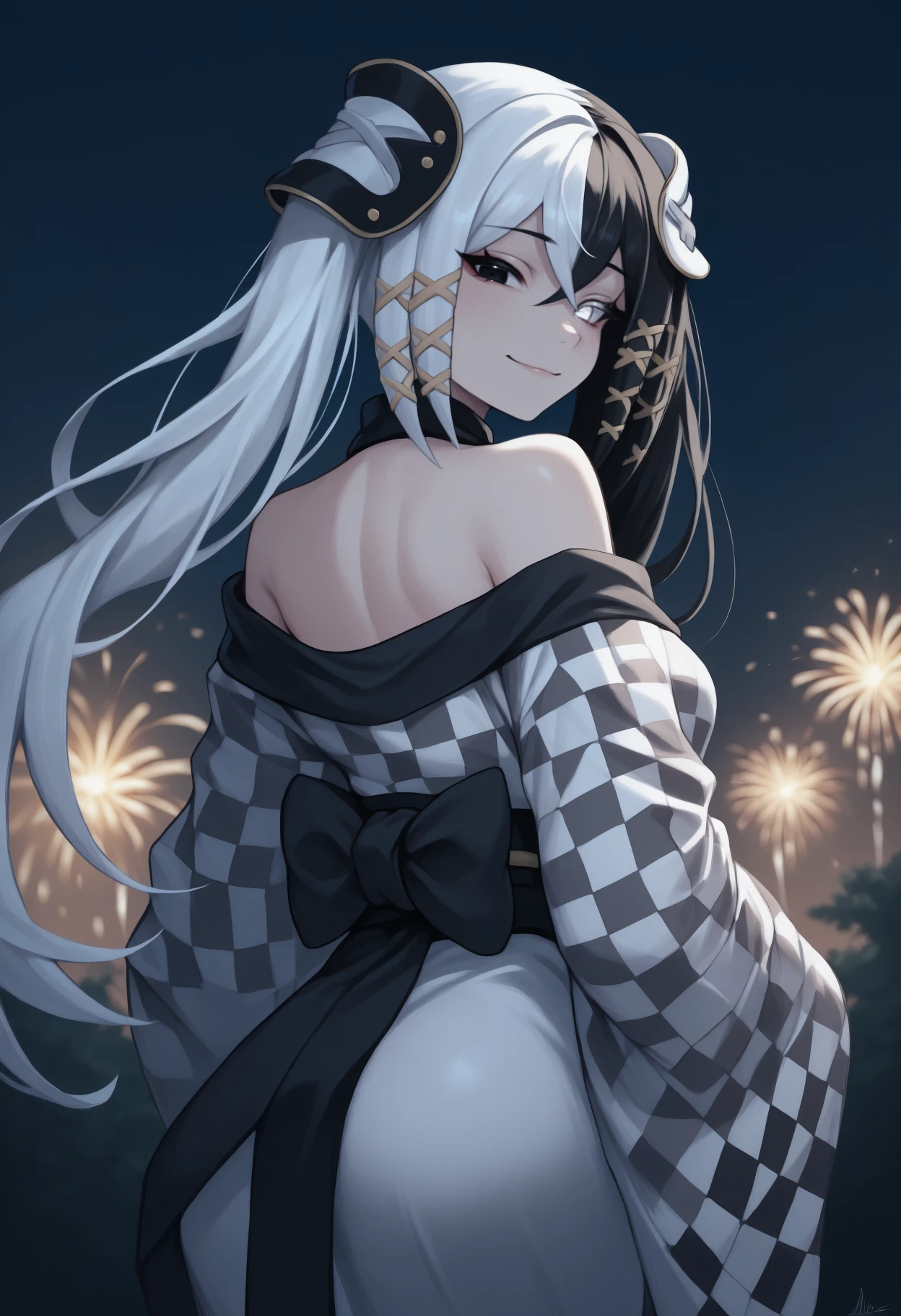 anime, masterpiece, best quality, from behind, solo, 1girl, antil3ne, slight smile, looking back, long hair, split-color hair, black hair, white hair, hair between eyes, crossed bangs, twintails, x hair ornament, heterochromia, black eyes, white eyes, japanese clothes, checkered clothes, white kimono, checkered kimono, off shoulder, black sash, bare shoulders, outdoors, night, fireworks
<segment:yolo-Anzhc Face seg 640 v2 y8n.pt,0.4,0.5//cid=1>