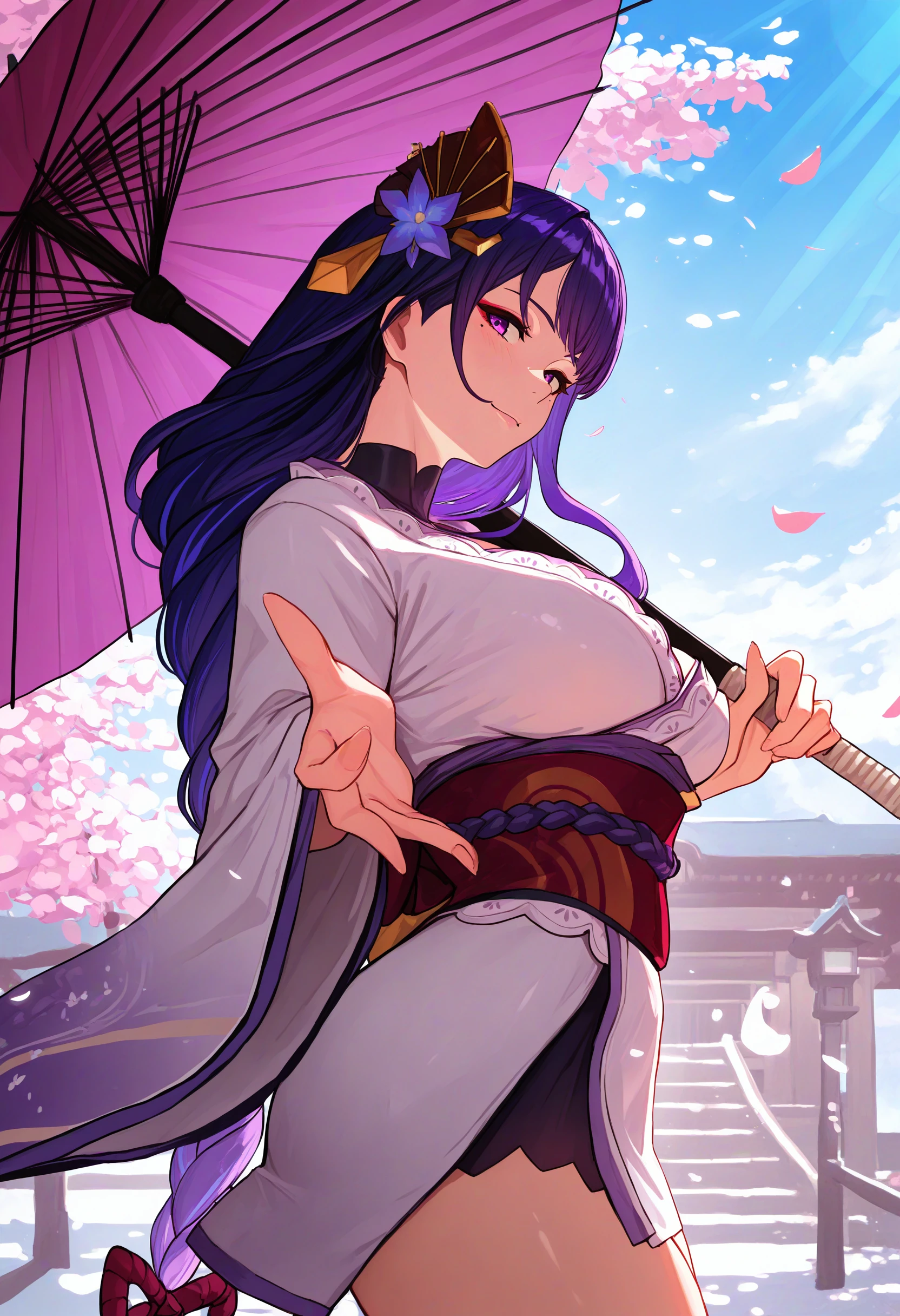 masterpiece, best quality, newest, absurdres, highres, 1girl, RdnMkt, purple hair, long hair, braided ponytail, braid, purple eyes, mole under eye, large breasts, hair flower, hair ornament, purple flower, japanese clothes, long sleeves, wide sleeves, obi, white kimono, short kimono, sash, bow, <lora:RaidenShogun_illusXLNoobAI_Incrs_v1.1:1>, outdoors, oil-paper umbrella, cherry blossoms, sunlight, holding umbrella, reaching towards viewer, from side, wind, falling leaves, falling petals, shrine, looking at viewer, smile,