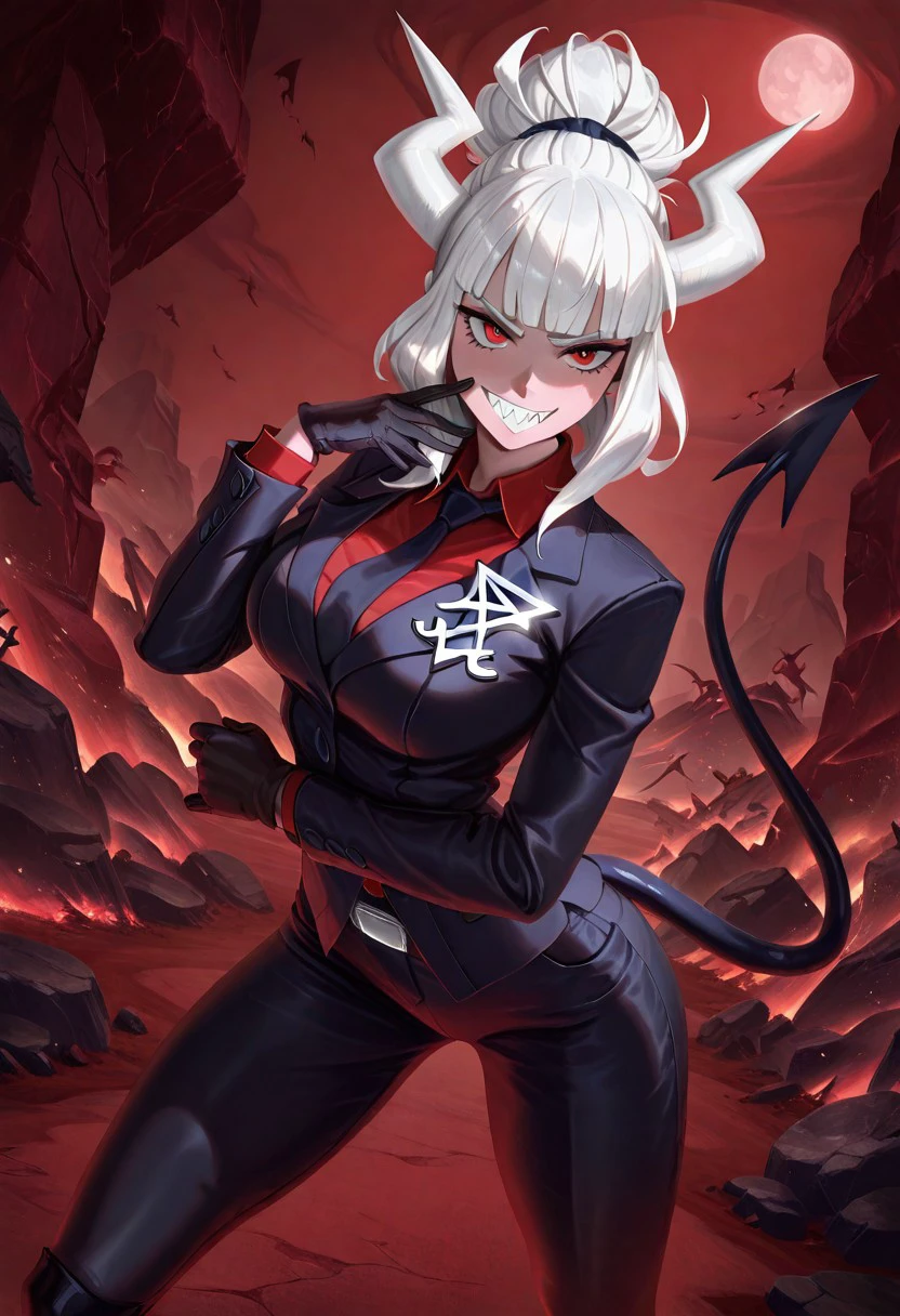 masterpiece, best quality, newest, absurdres, highres, LORstyleIL-V1.0, 1girl, lucifer \(helltaker\), black suit, red necktie, black collared shirt, black gloves, blunt bangs, demon horns, demon girl, demon tail, sharp teeth, red eyes, white hair, long hair
