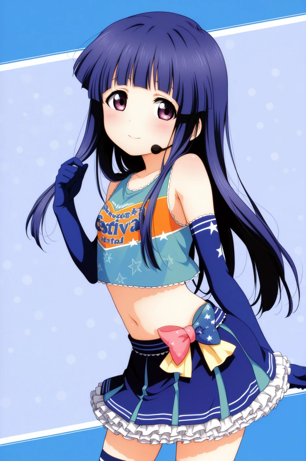 <lora:sifcheer:1>, sifcheer outfit, 1girl, elbow gloves, thighhighs, crop top, furude rika, masterpiece, best quality