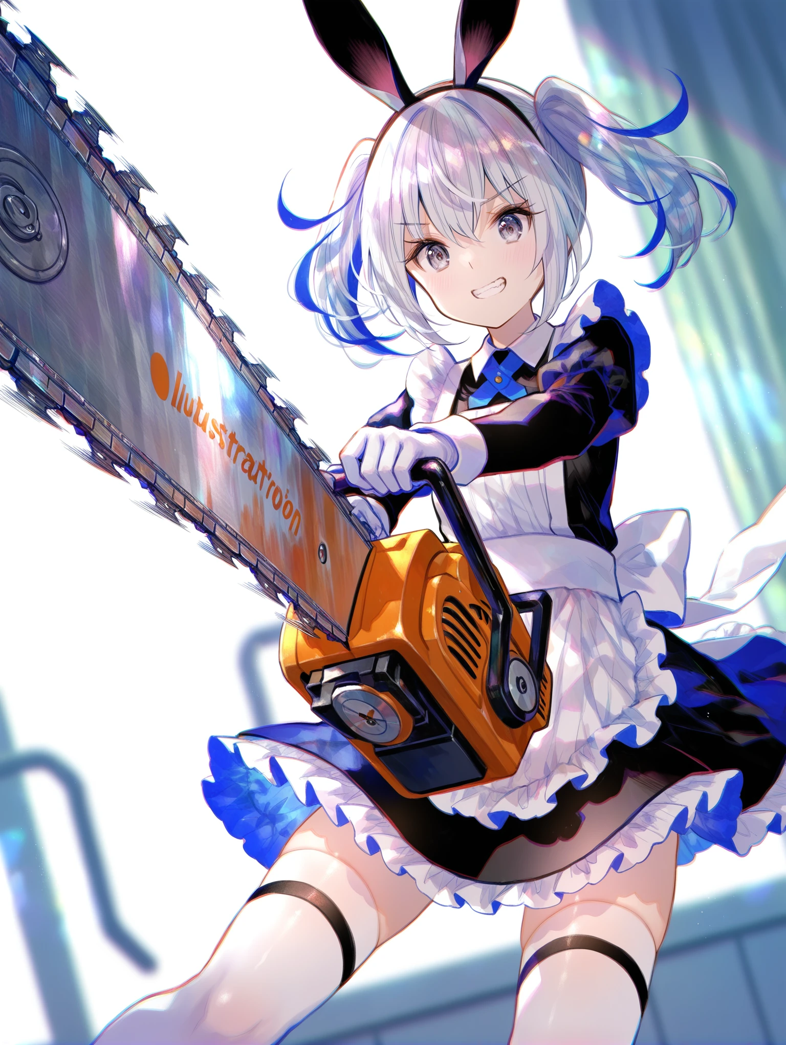 1girl,depth of field,masterpiece,high quality,best quality,beautiful,perfect lighting,detailed face,detailed body,(illustration),detailed,highly detailed,hdr,twintails,hair between eyes,holding chainsaw,cutting,clenched teeth, smile, motion blur, mid air,slow motion,fuzichoco,rabbit ears,grey hair,grey eyes,short hair,multicolored hair, large chainsaw, gaint chainsaw,maid, miniskirt, chainsaw takes half of screen,white thighhighs, white gloves,
,masterpiece,best quality,newest,absurdres,highres,very awa,