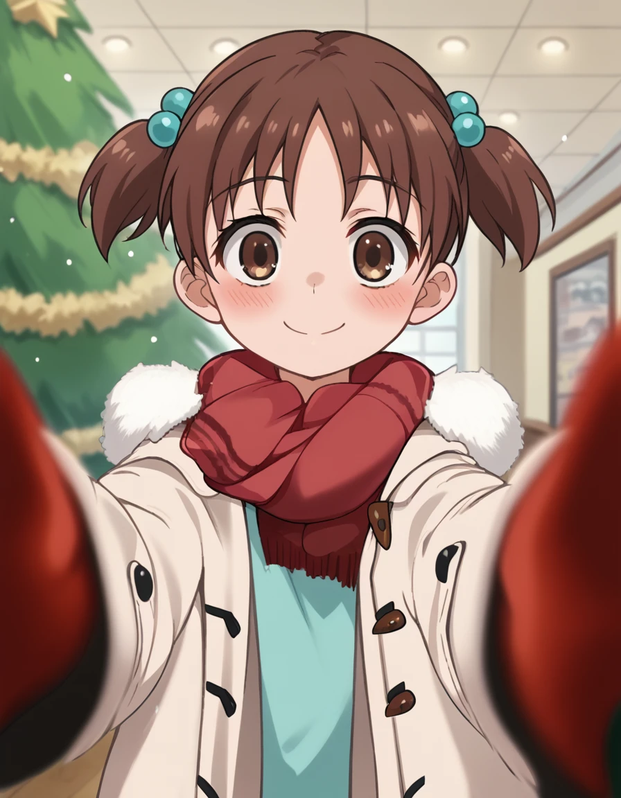 score_9, score_8_up, score_7_up, source_anime, <lora:kana-hazamaya-s1-ponyxl-lora-nochekaiser:1>, kana hazamaya, short hair, brown hair, hair ornament, twintails, brown eyes, hair bobbles, short twintails, child, anime screencap,, <lora:pov-cheek-warming-ponyxl-lora-nochekaiser:1>, pov cheek warming, pov cheek warming (meme), winter gloves, duffel coat, fur-trimmed scarf, winter clothes, red mittens, meme, winter coat, red scarf, fur-trimmed coat, reaching towards viewer, reaching, mittens, fur-trimmed hood, white coat, open coat, scarf, coat, red gloves, snowing, pov, fur trim, depth of field, smile, blush,, christmas, christmas tree, christmas lights,, , dutch angle, cowboy shot