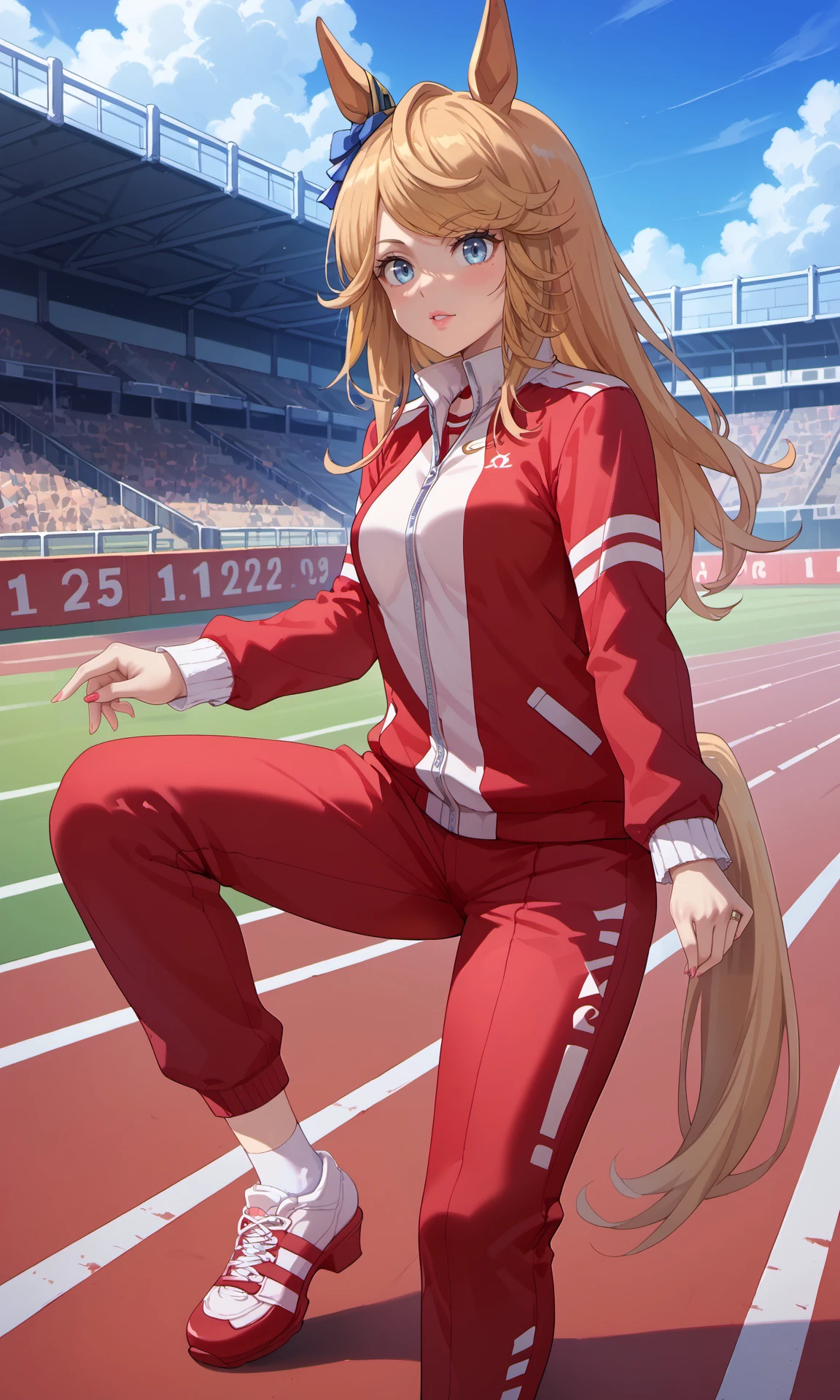 GCtrainingShort,horse girl,tracen training uniform,red track pants,blue ear ornament,red track jacket,white socks,red sneakers,
score_9,score_8_up,score_7_up,game_cg,anime,source_anime,masterpiece,best quality,highres,absurdres,solo,umamusume,game cg,dynamic pose,
<lora:GoldCityPonyExtraV1:0.88>,