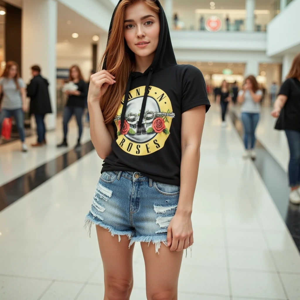 <lora:gnr-shirt-guns:1> gnr, ultra detailed, ultra realistic, ultra defined texutes, cinematic, cinematic lighting, 8k, analog polaroid, front facing view, a beautiful woman wearing a guns n roses hoodie, she has the hood on, and a denim skirt in a shopping mall, looking at the camera, posing sexy <lora:Jia lissa 2 1024:1> jialis