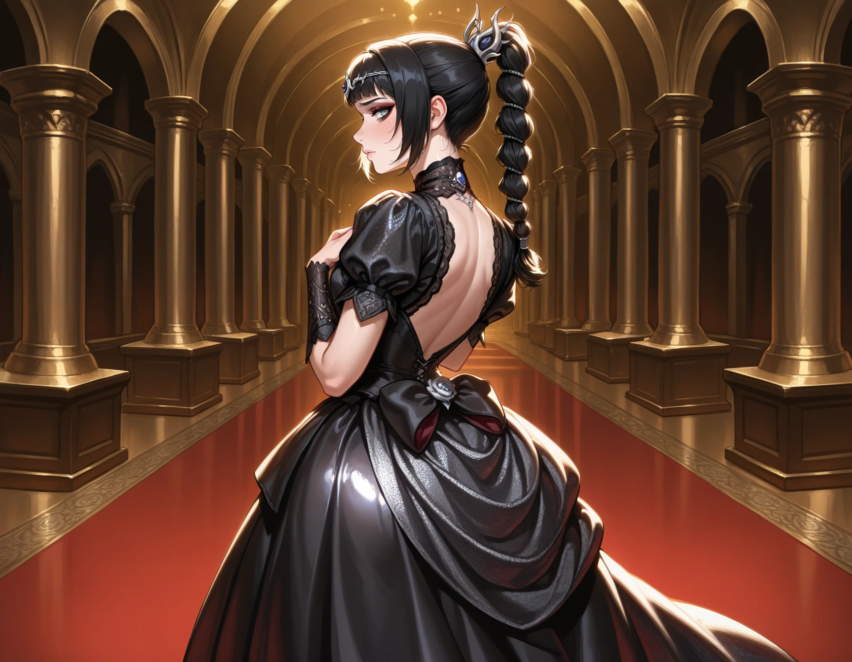 1girl, solo, shadowheart \(baldur's gate\), from behind, looking back, black ballgown, profile, shiny satin fabric, sash, from side, looking at viewer,  hand on chest, grand hall, shy, eyeshadow, headpiece, silver floral print, back bow masterpiece, best quality, very aesthetic, newest