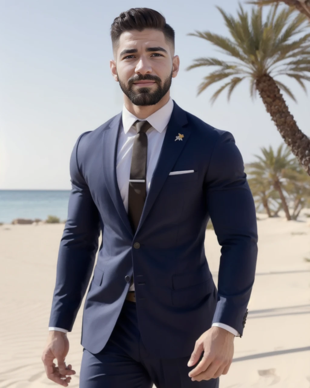 31 year old man, wearing a gray suit, luxury watch on his wrist, big face, thick eyebrows, mustache, dark hair, wearing a white shirt, (((super detailed face))), (((super detailed eyes)) ) , full body, hyper detailed, Hyper definition, hyper quality, Hyper resolution, Perfectly detailed, perfectly designed, Left arm muscle pose, looking at the camera, (((n the background on the horizon on a beach that has wind turbines that generate wind energy )))