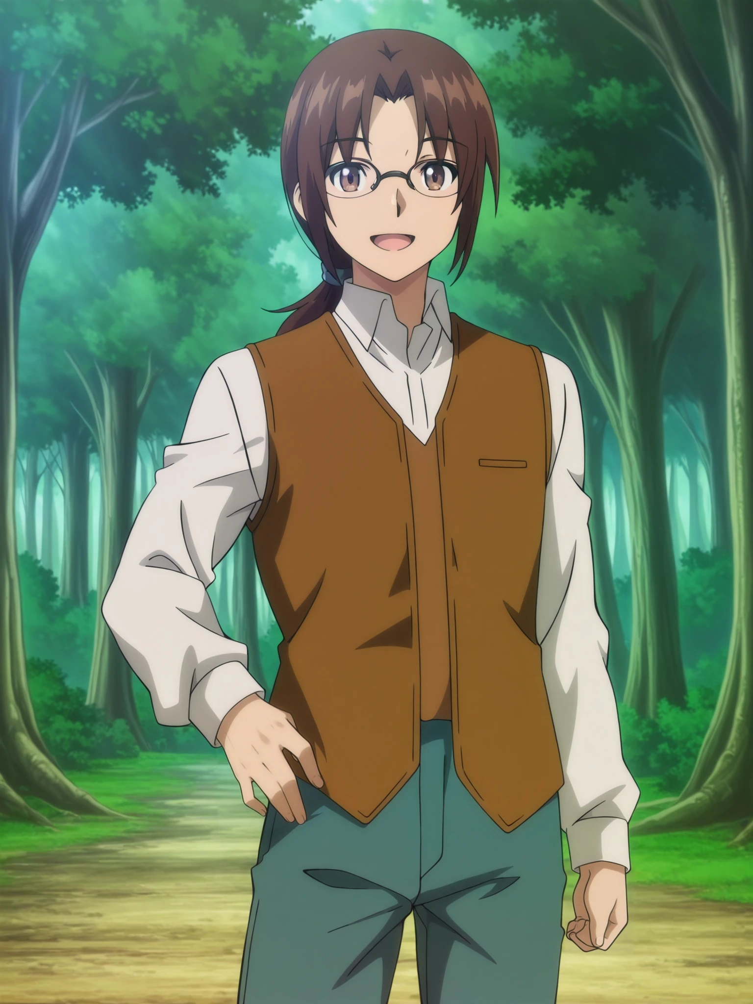 anime screencap, anime coloring,
outdoors, in a forest, trees,
 <lora:All_Sukebe_Elf_Tanbouki_characters_-_Illustrious:.8>,
kazu notus (character), glasses, solo, 1boy, brown eyes, male focus, open mouth, smiling, brown hair, shirt, ponytail, long hair, brown vest, looking at the viewer, pants, cowboy shot