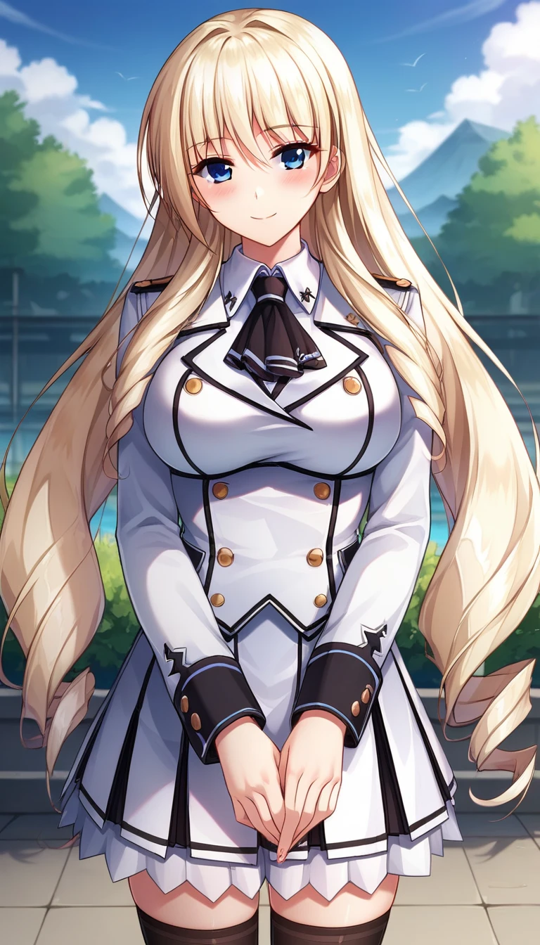 cleavage, mature female, tall female, tall, long legs, tall body, curvy, solo focus, solo, 1girl, close-up, (nature background:1.3), 
 maou_sasha, 1girl, twintails, solo, long hair, blue eyes, purple eyes, blonde hair, looking at viewer, hair ribbon, ribbon, hair ornament, hair between eyes, uniform, jacket, parody, blush, weapon