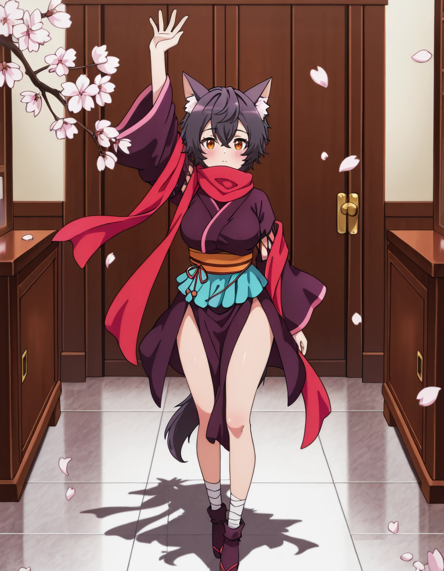 <lora:origa_calmeria_il:1> origa_calmeria, short_hair, black_hair, cat_ears, animal_ear_fluff, hair_between_eyes, brown_eyes, orange_eyes, japanese_clothes, red_scarf, kimono, sash, 1girl, arm_up, blush, breasts, cherry_blossoms, closed_mouth, falling_petals, fox_ears, fox_girl, full_body, hagoromo, hand_up, large_breasts, looking_at_viewer, pelvic_curtain, petals, shawl, solo, thighs, Houndstooth, cubicle, Horizontal_Stripes, masterpiece, detailed, best_quality