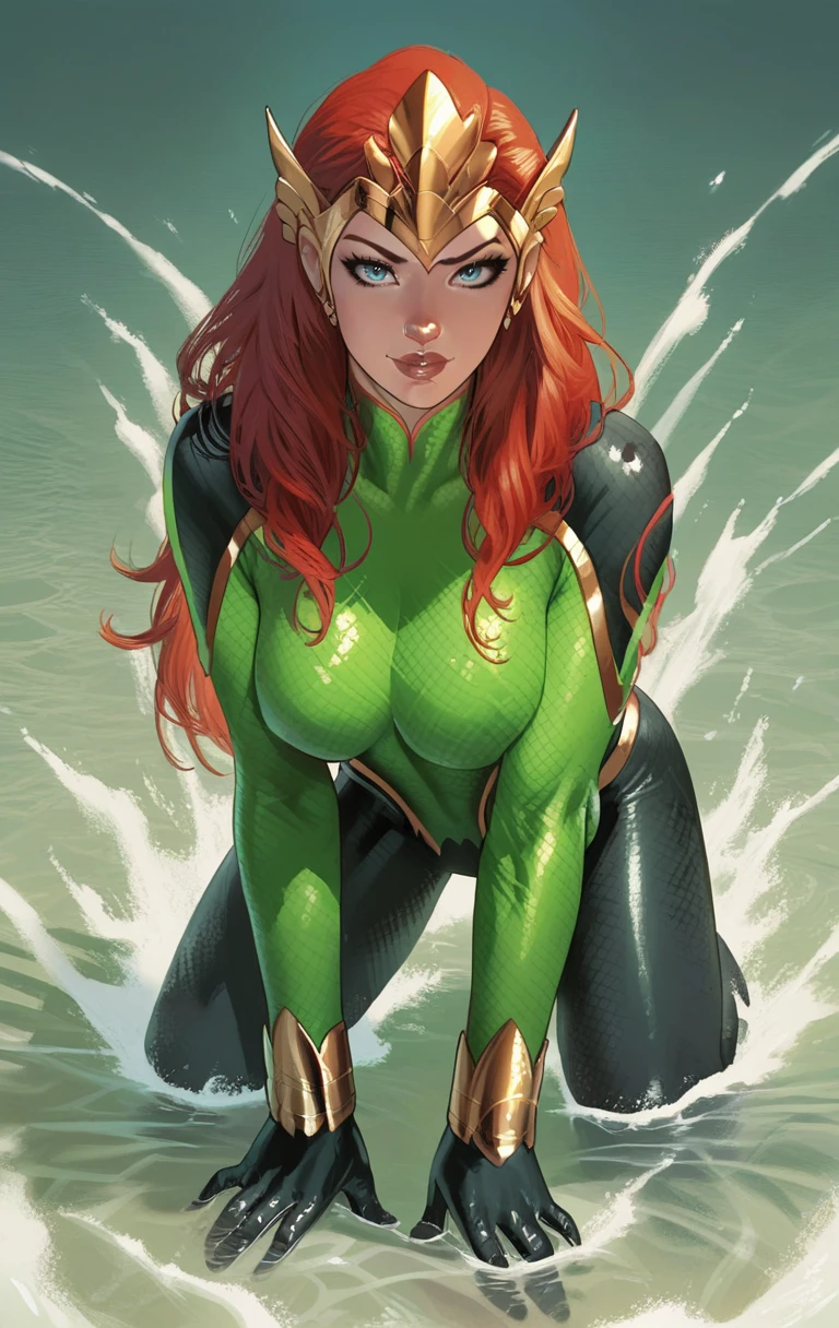 masterpiece, best quality, boots, gloves, pants, secret spy, looking at viewer, green hair, high leg, wavy hair, green eyes, muscular, She weak, she is chained to the roof, she is standing and chain, she being humiliated, big chest, she suffering in pain,(alone), detailed face, age 32, no spots