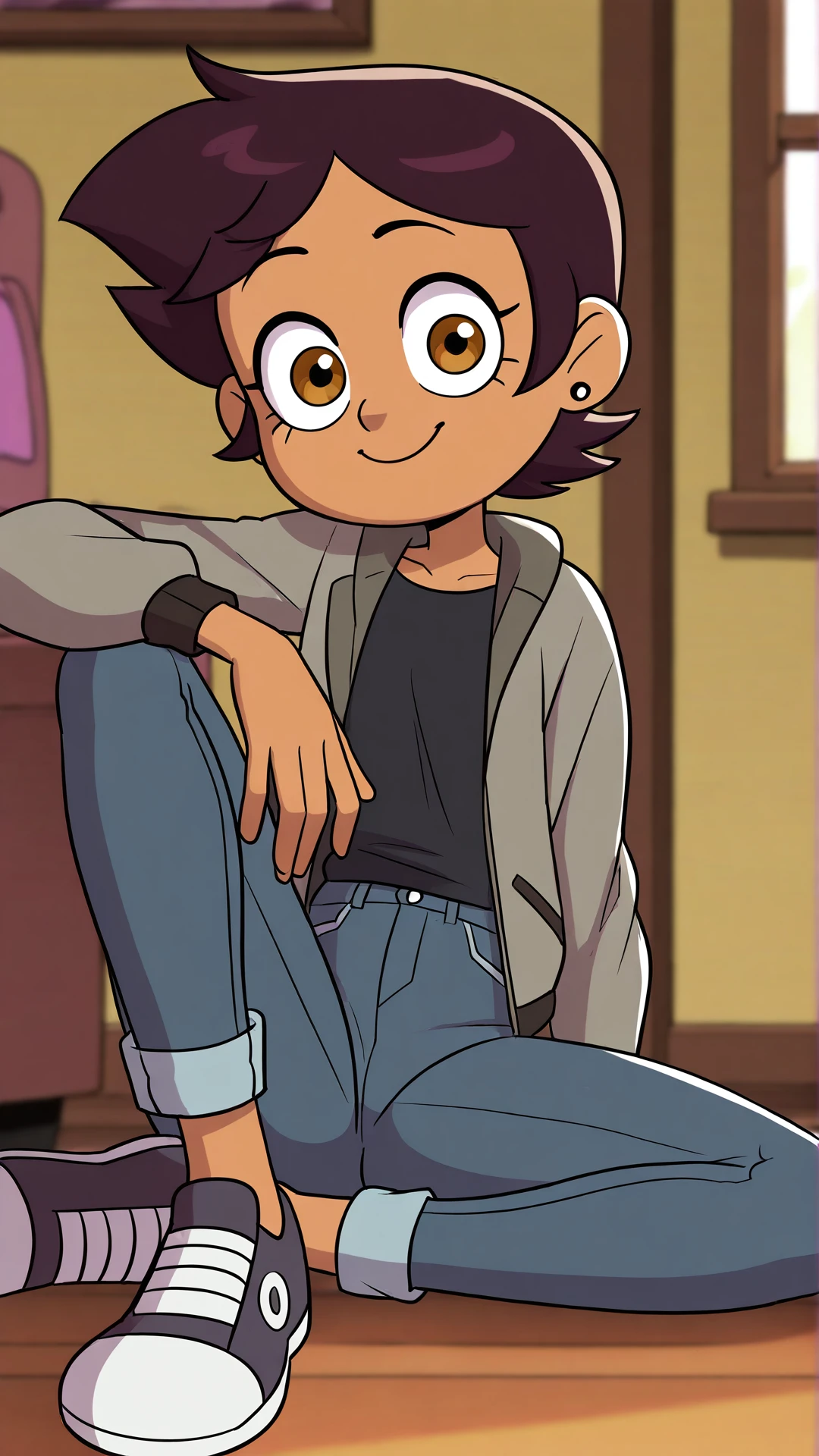 theowlhouse_luz, ((masterpiece, best quality, absurdres)), ((1girl, solo, short hair, brown hair, brown eyes, dark skin)), ((stud earrings, jeans, jacket, shoes)), ((smile)), ((indoors)), <lora:theowlhouse_luz-step00003800:1>