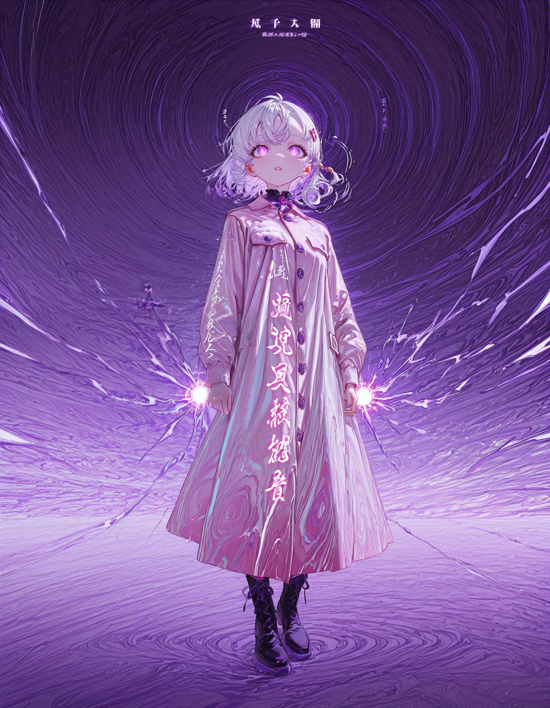 masterpiece, best quality, amazing quality, very aesthetic, absurdres,  newest,<lora:tokko-fuku:1>,<lora:Rolua_N:1>,Rolua_N,clothes writing,detailed text,big text, coat, 1 girl, white hair, purple eyes, intense gaze, dynamic pose, swirling abstract background, pink and white color scheme, glowing effects, holographic elements, sharp contrasts, digital art, high detail, cinematic lighting, 3D render aesthetic, glossy textures, fluid motion lines, distorted perspective, surreal atmosphere, aggressive expression, ethereal beauty, flowing fabric, complex composition, neon accents,abstract, 
 <lora:114558v4df2fsdf5:1>