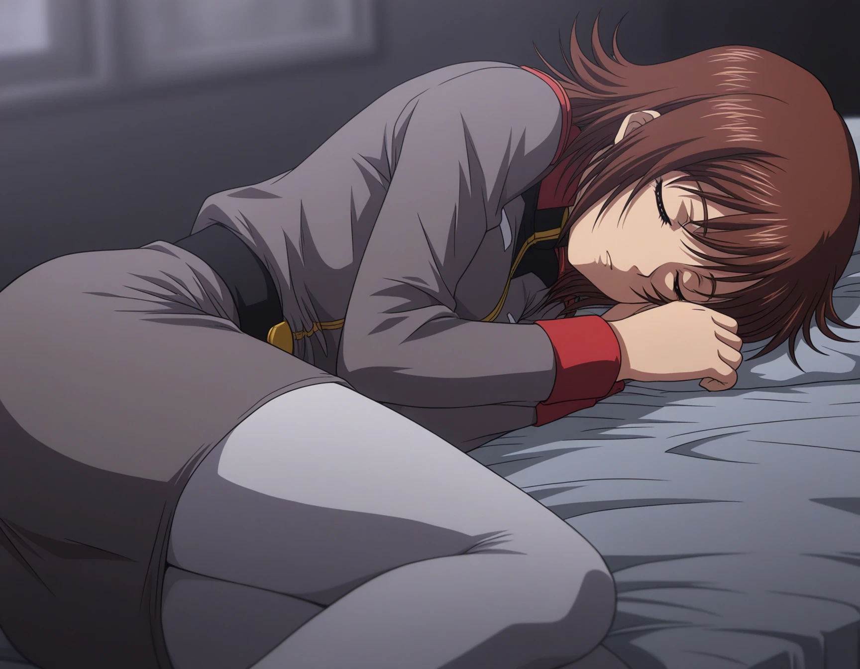 1girl, solo, miyu takizawa, brown hair, flipped hair, medium hair, sleeping, closed eyes, military uniform, grey clothing, earth federation, white pantyhose, lying on side, on bed, depth of field, blurry background, from side, anime coloring , dark theme, low light, 2010s \(style\) <lora:miyu_takizawa_illustrious_v1-l:0.6>