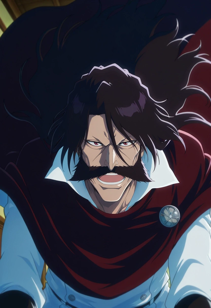 masterpiece, best quality, , anime screencap, anime coloring, official style, looking at viewer, , 1boy, solo, male focus, <lora:yhwach_bleach_ilxl:0.94>, yhwach_bleach, black hair, red eyes, facial hair, long hair, mustache, beard, cape, focused, prairie, indoors, jumping, :o, ,