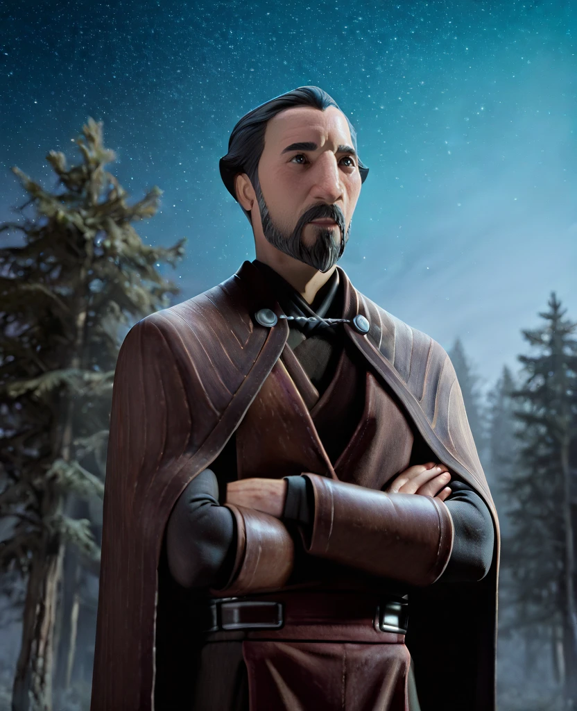 highly detailed, realistic, fine fabric detail, absurdres, highly-detailed, best quality, masterpiece, very aesthetic, photorealistic, perfect eyes,   <lora:Younger_Count_Dooku_Illustrious:1> solo, Younger-Dooku, beard, mustache, 1boy, Star Wars, science fiction, realistic, dust, cape, perfect hands, arms crossed, outdoors, nighttime, dark, starry sky, forest, trees