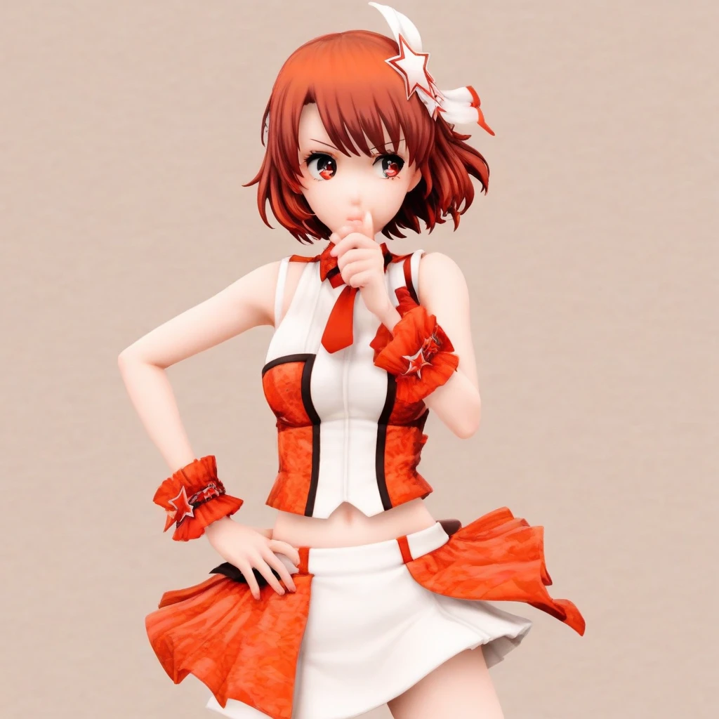 rena sayama, auburn hair, red eyes, mini dress, midriff, short hair, idol, thinking