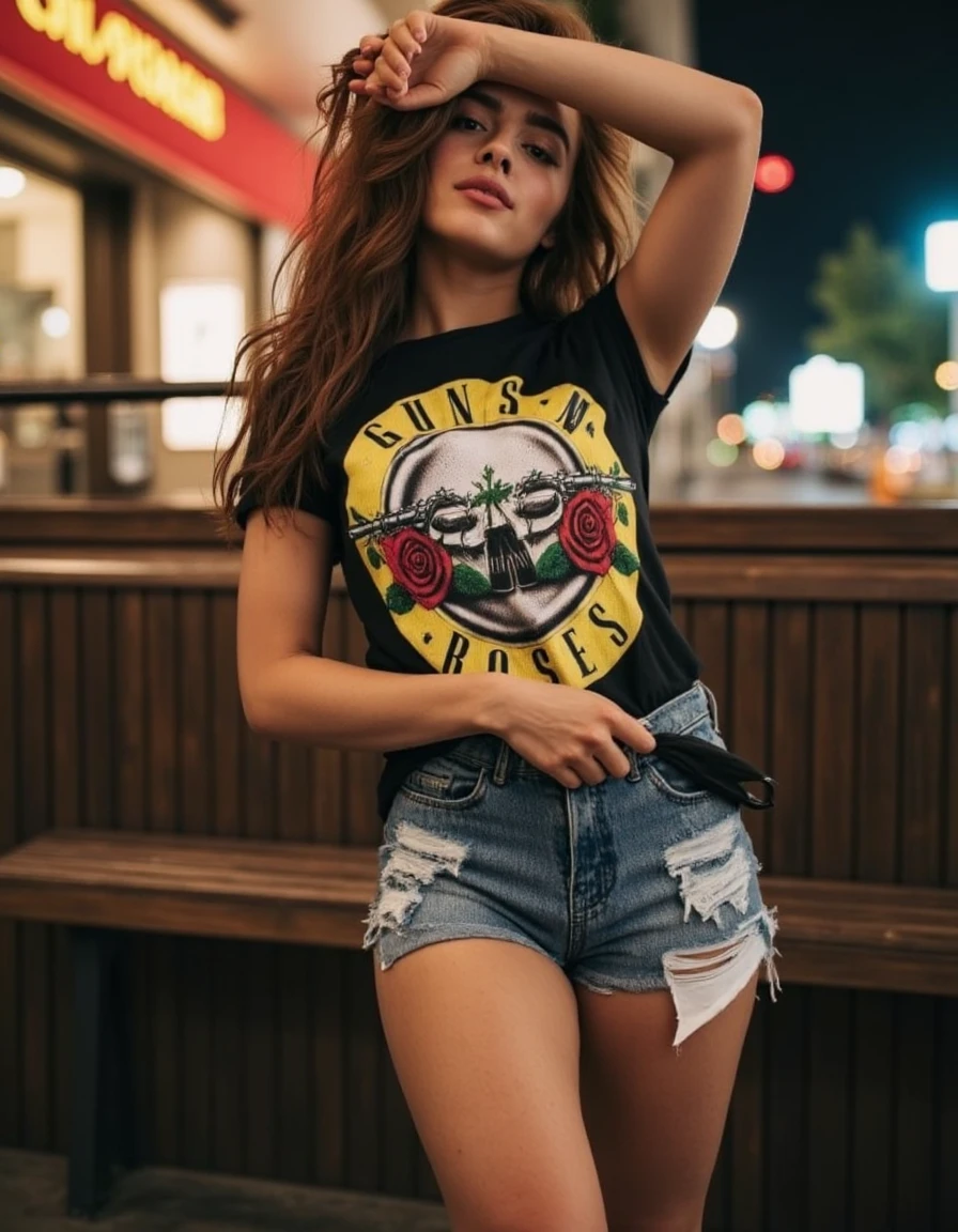 <lora:gnr-shirt-guns:1> gnr, <lora:Jia lissa 2 1024:1> jialis, ultra detailed, ultra realistic, ultra defined texutes, cinematic, cinematic lighting, 8k, analog polaroid, a beautiful woman wearing a guns and roses t-shirt and denim shorts in a rock cafe at night, looking at the camera and having fun.