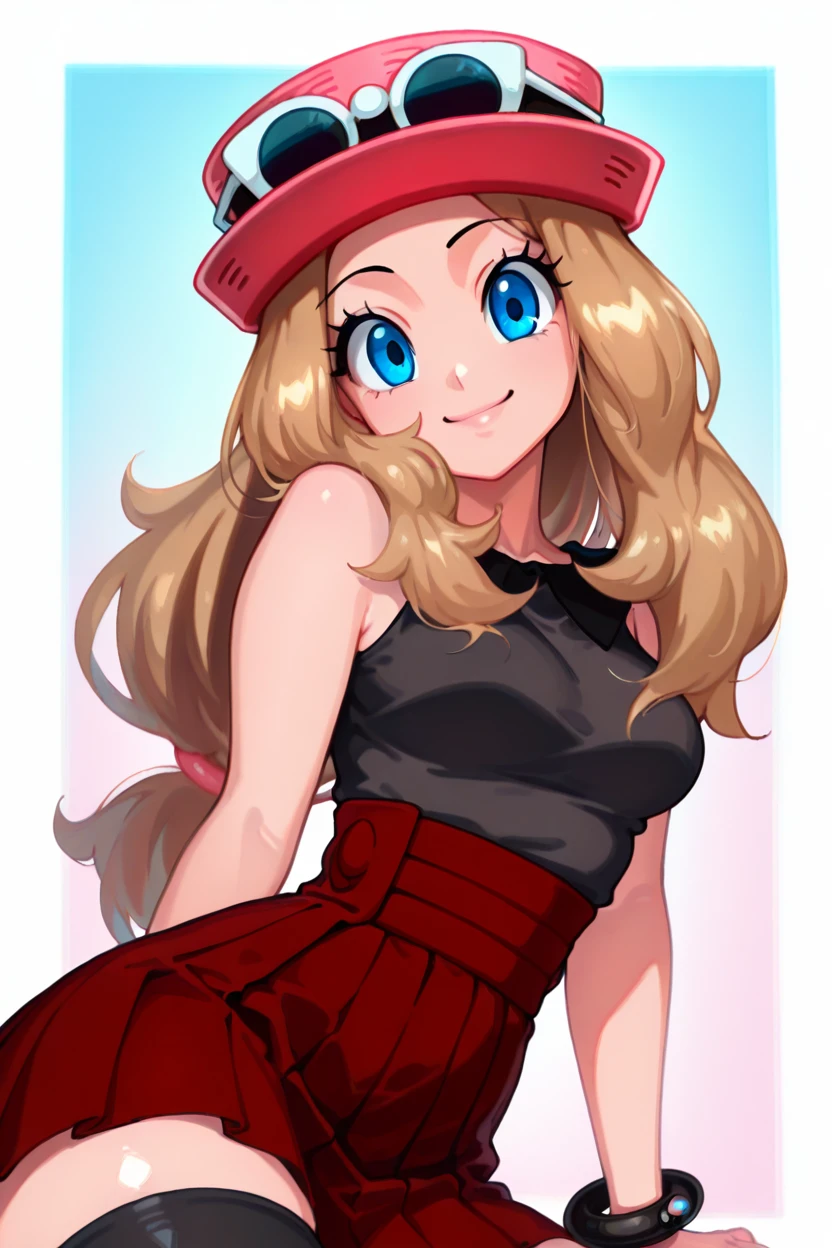 masterpiece, best quality, 1girl, solo, beautiful eyes, zzSerena, solo, long hair, blue eyes, eyewear on headwear, pink headwear, eyelashes, sleeveless shirt, black shirt, bracelet, high-waist skirt, red skirt, black thighhighs,  <lora:SerenaPokemonIXL_v2:1.0>,   <lora:TangobatIXL_v1:1.0>, upper body, smile, looking at viewer, shiny skin,