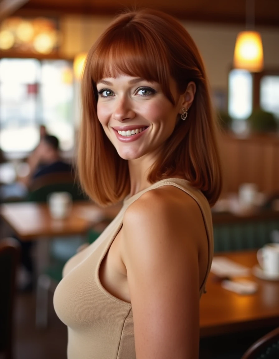 Eva Amurri in a restaurant eating a great dish completely naked and with a sexy smile.