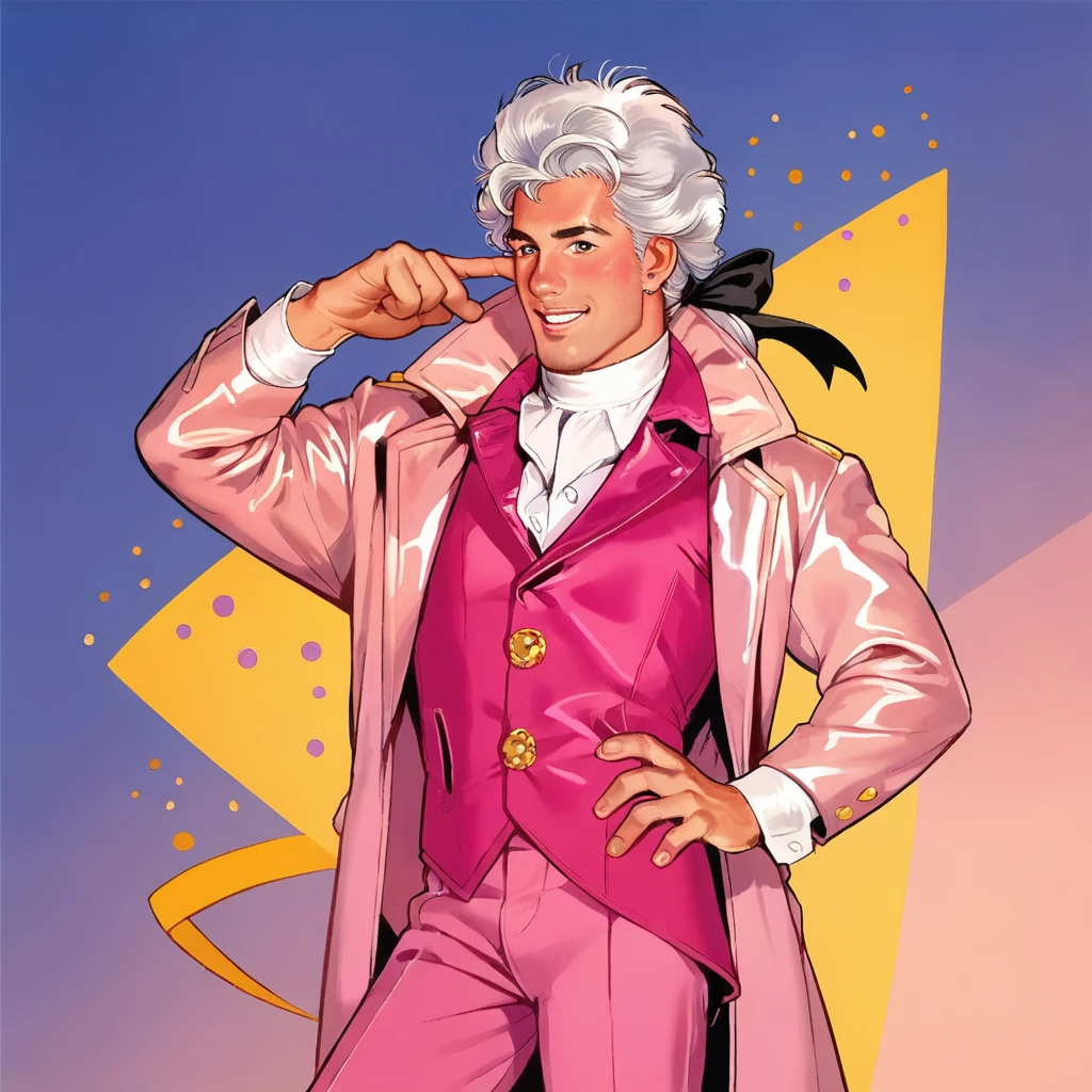 score_9, score_8_up, score_7_up, drawing, cartoon, animation, 1boys w16hsl1ps, male focus,he wears a historical wig and 18th century clothes, indoors, gray hair, open coat, waistcoat, blue breeches, disco party, dancing, smile, abstract background, pink clothing
((masterpiece, best quality)), ponytail with black ribbon, from waist up,
<lora:18th_Cent_man_PXL_V0:0.8>, 
<lora:Smooth Anime 2 Style SDXL_LoRA_Pony Diffusion V6 XL:1> 
<lora:Jem_80s_Cartoonbox_art:0.9> hud_jem_boxart, colorfull retro artstyle,