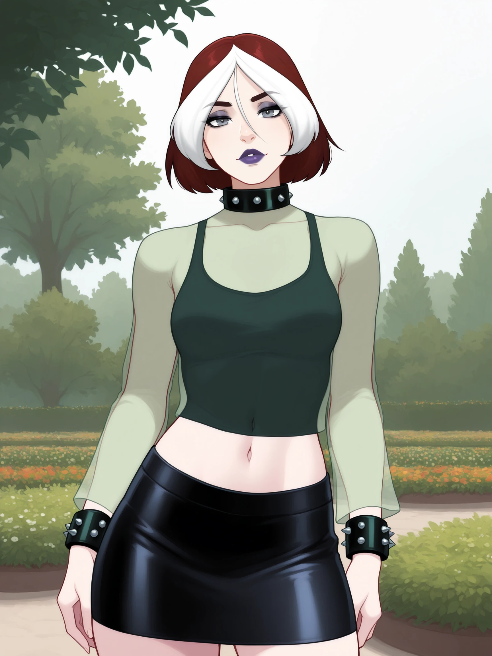 masterpiece, best quality, high quality, detailed, absurdres,
rogueill, 1girl, tank top, solo, short hair, skirt, jewelry, collar, spiked bracelet, lips, makeup, lipstick, purple lips, see-through shirt, bangs, gray eyes, garden, navel, looking at viewer,
<lora:rogueill-000007:1>