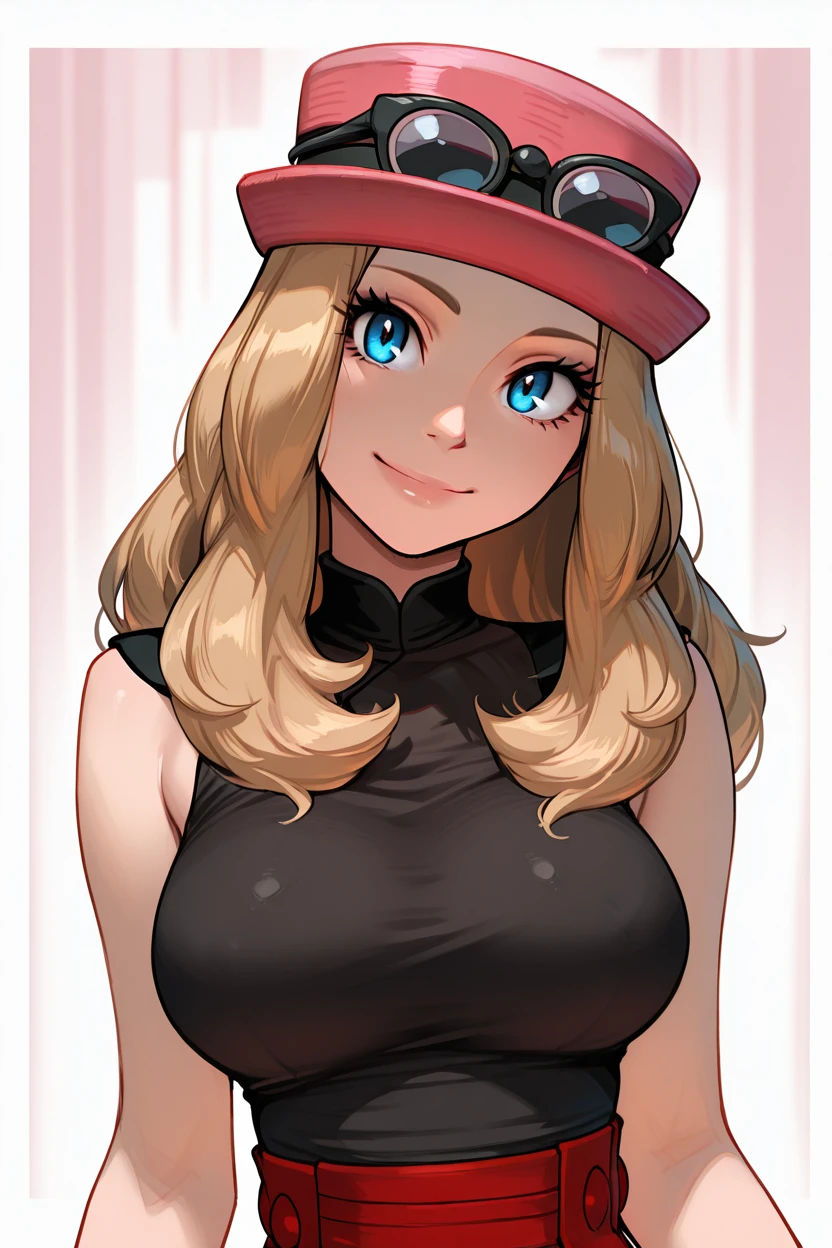 masterpiece, best quality, 1girl, solo, eyelashes, (beautiful eyes),   zzSerena, solo, long hair, blue eyes, eyewear on headwear, pink headwear, eyelashes, sleeveless shirt, black shirt, bracelet, high-waist skirt,   looking at viewer, smile, bangs, large breasts,  upper body, head tilt, <lora:SerenaPokemonIXL_v2:1.0>,  ,<lora:IncaseIXL_v1:1.0>,