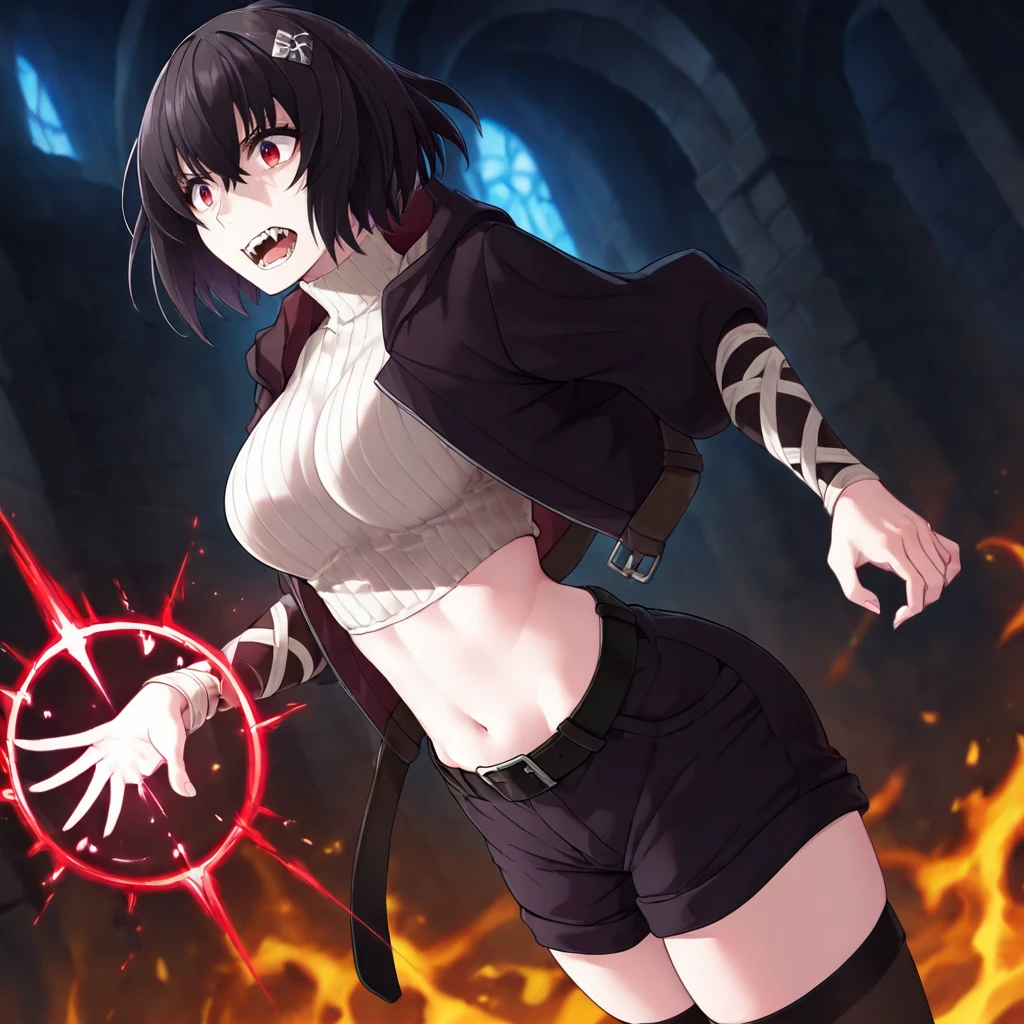 masterpiece, best quality, amazing quality, very aesthetic, absurdres, volumetric lighting, newest, 1girl, solo girl, standing in dark dungeon, casting a spell, 
<lora:Nea:1> Nea, white hair ornament,  black hair, midriff, turtleneck sweater, shorts, thighhighs, short hair, navel, red eyes, black shorts, black belt jacket, fangs, battle ready face, medium breasts, 
masterpiece, best quality, amazing quality, very aesthetic, absurdres,  newest,