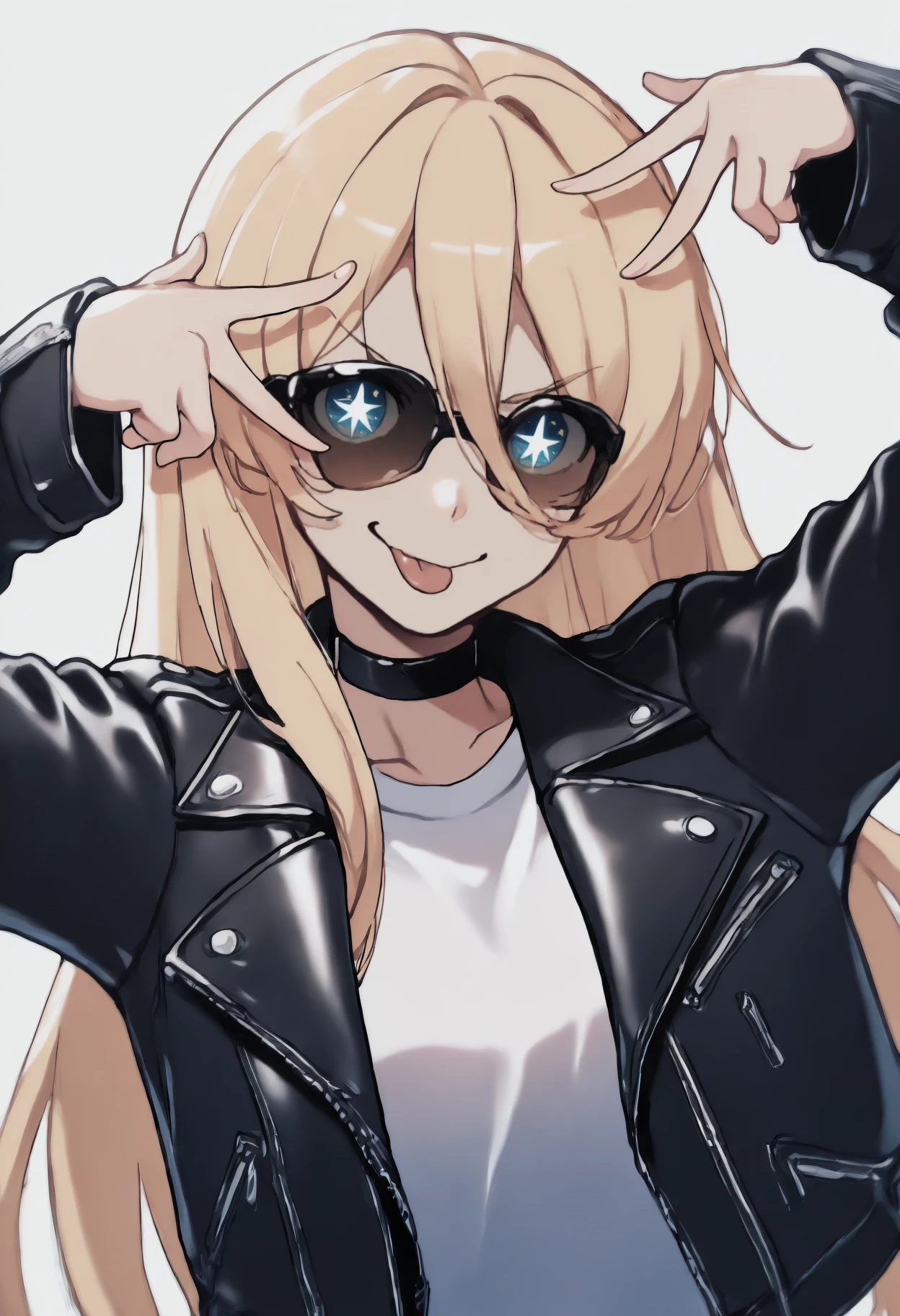 anime, masterpiece, best quality, upper body, solo, 1girl, aihsnpose, smile, tongue out, double v, star-shaped pupils, v over eye, long hair, blonde hair, hair between eyes, blue eyes, sunglasses, black jacket, leather jacket, open jacket, long sleeves, white shirt, t-shirt, black choker
 <segment:yolo-Anzhc Face seg 640 v2 y8n.pt,0.4,0.5//cid=1>