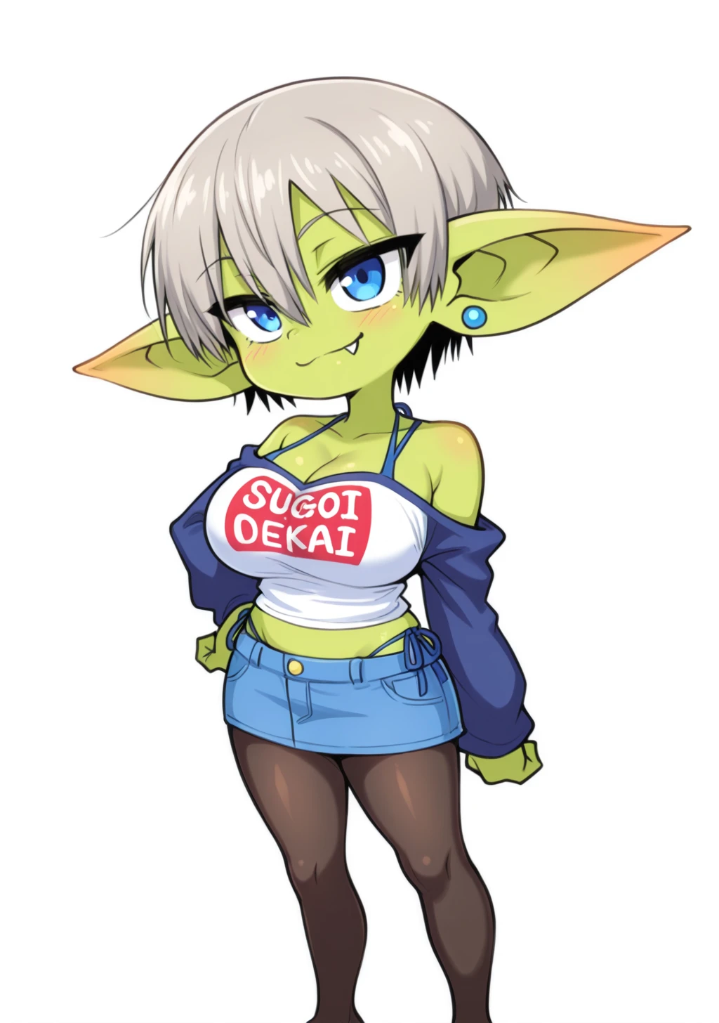 score_9, score_8_up, score_7_up, score_6_up, score_5_up, score_4_up, masterpiece, high quality, BREAK, full body, BREAK,   <lora:Goblin_Girl_Transformation_Illustrious:0.8> GobGirl, green skin, short, long ears, large ears, colored skin, monster_girl 1girl, pointy ears, goblin, shortstack, long pointy ears,  earrings, ear piercings,   <lora:Hana_Uzaki_XL:1> Uzaki_Hana, blue_eyes, short_hair, grey_hair, large_breasts, blue_eyes, short_hair, grey_hair, large_breasts, blue_skirt, denim_skirt, sugoi_dekai, blue_shirt, white_shirt, blue_sleeves, raglan_sleeves, skin_fang, black_pantyhose, Hana swimsuit outfit, swimsuit, blue bikini, cleavage, side-tie bikini bottom, halterneck, bare shoulders