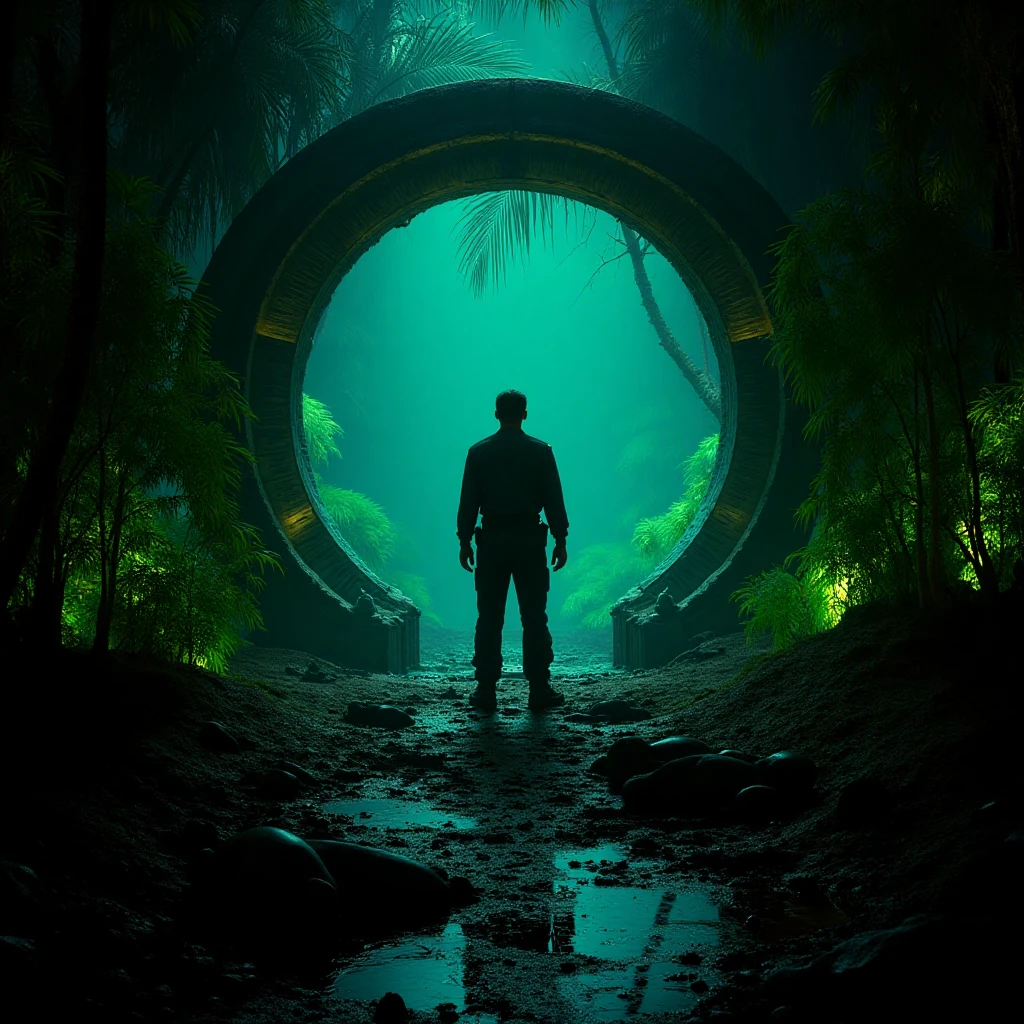 "Cameron Mitchell standing at the Stargate, surrounded by an alien forest. The dense foliage is illuminated by bioluminescent plants, casting an eerie green glow over the scene. Mitchell is in his SG-1 uniform, scanning the area with a determined expression, while alien creatures peek from the shadows.