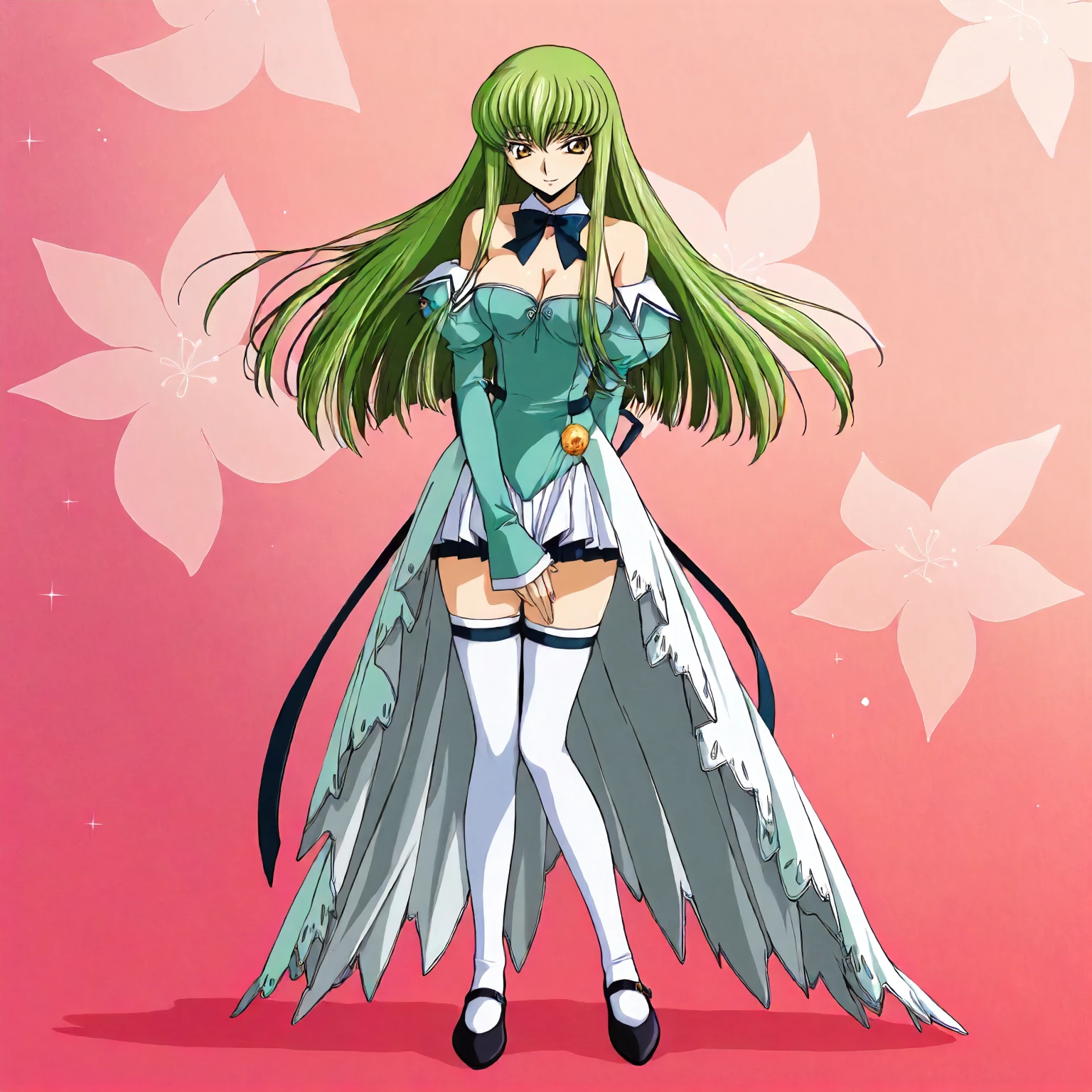 <lora:PCeY3_floral_mintXLIllustrious001>,
masterpiece,best quality,good quality,newest,
detailed background,glitter,
smile,
solo,
1girl,c.c.,code geass,
anime coloring,2000s (style),
floral_mint\(pia_carrot_e_youkoso!!_3\),waitress costume,detached collar,bowtie,
green dress,cleavage,sleeveless dress,strapless_dress,
bare shoulders,detached sleeves,puffy_sleeves,sleeves past wrists,
layered_dress,long_dress,center frillyl,long_skirt with miniskirt,green pleated miniskirt,white long skirt,waist medal,west back ribbon,
white thighhighs,
mary janes,
full body,standing,